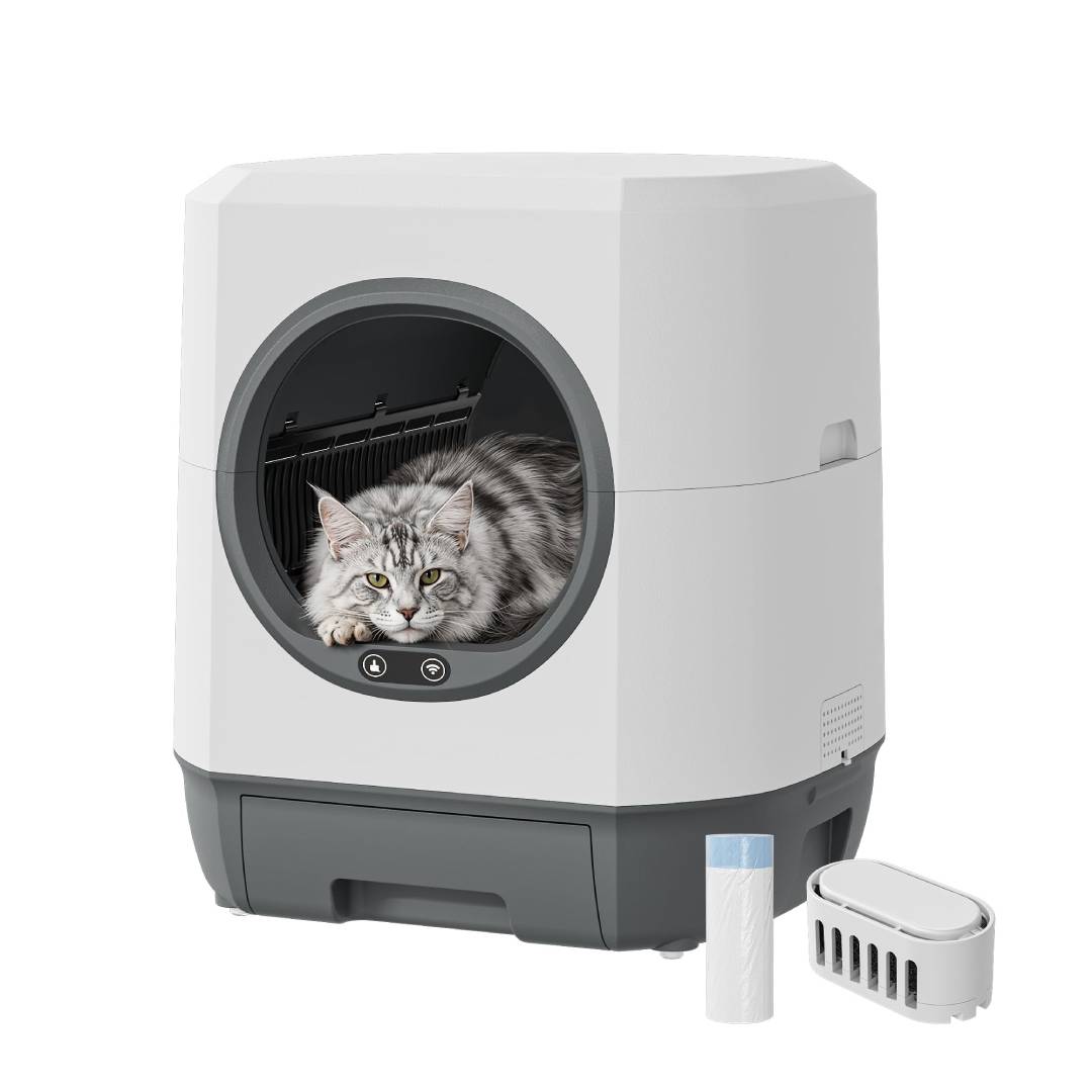Automatische Katzentoilette 90 Liter für Katzen bis 10 kg selbstreinigend 12 Sicherheitssensoren App-Steuerung 35 dB Geruchskontrolle
