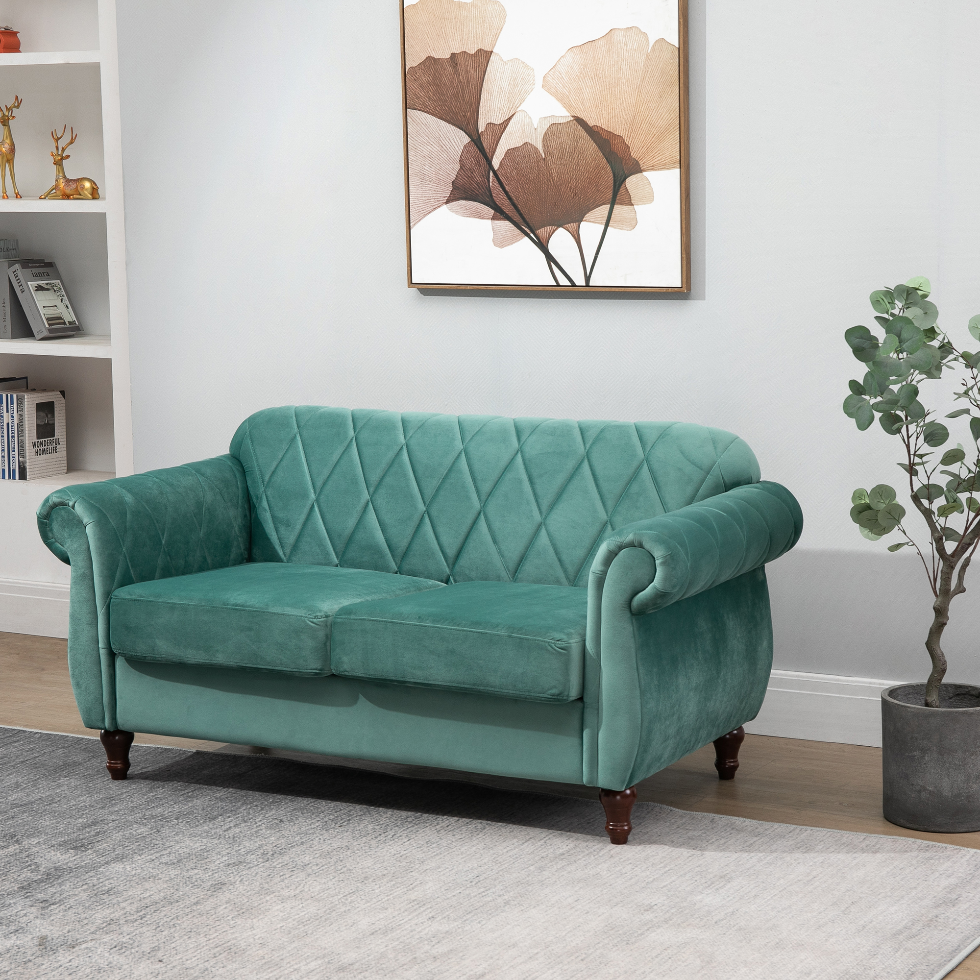 HOMCOM 2-Sitzer Sofa aus Holz und Samt Grün, Dicke Polsterung, Vintage Retro Design für 2 Personen, 148 x 72 x 76 cm