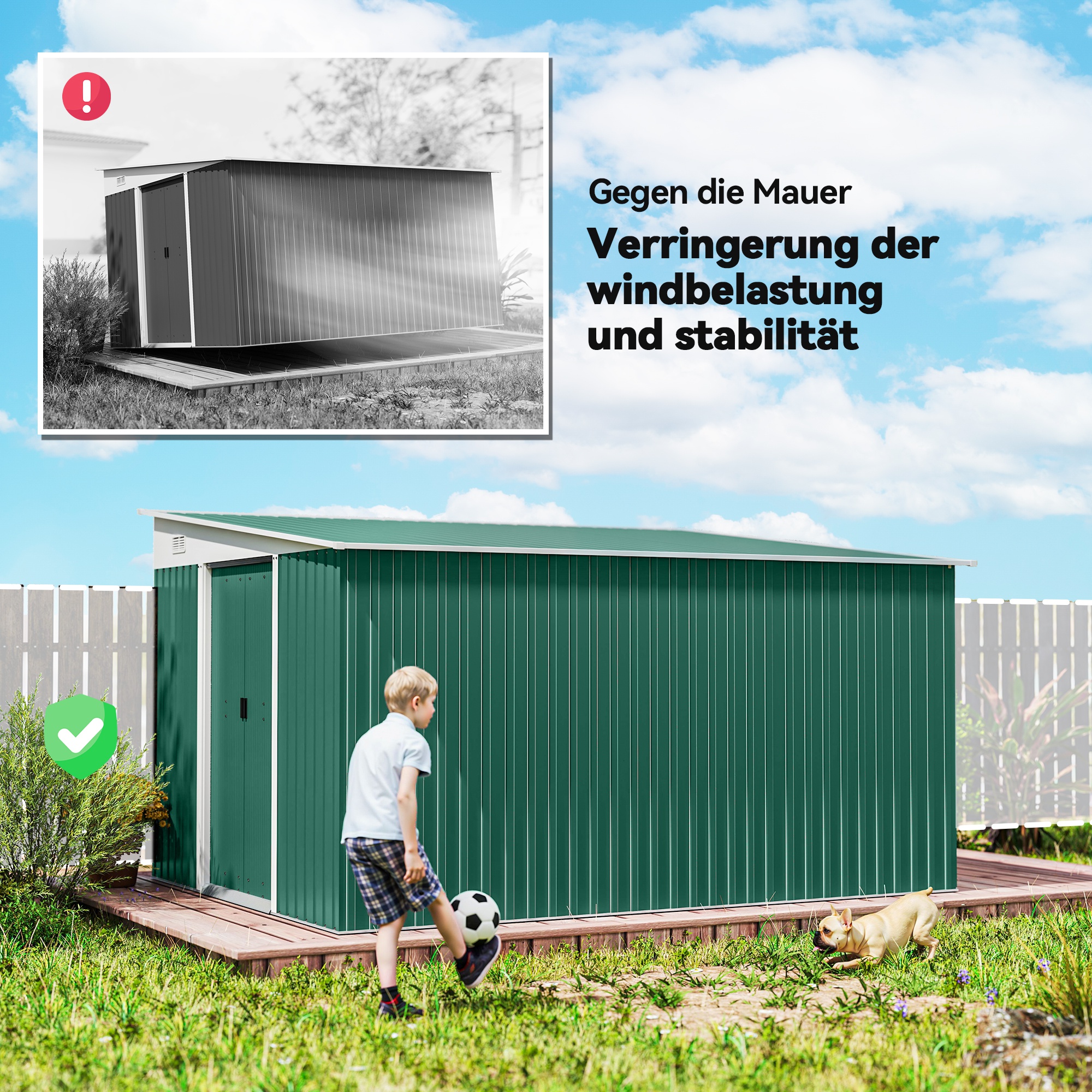 Metalen Tuinschuur Schuin Dak Afsluitbare Dubbele Deur 2,8 x 3,45 x 2,01m Groen