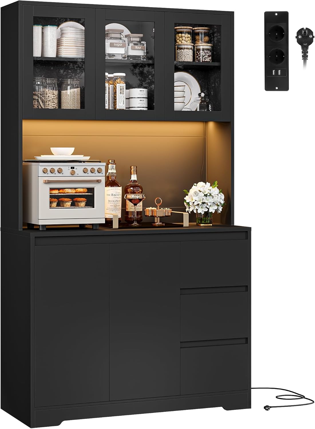 FirFurd Credenza Cucina, Credenza Alta con Luci a LED e Prese, Mobile Buffet con Cassetti e Armadi, Ripiani Regolabili, per Cucina, Soggiorno, Studio180x100x38,5cm (Nero)