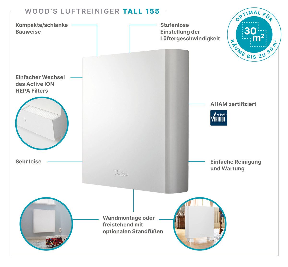 Luftreiniger TALL 155 - Optimal für kleine Räume wie Schlaf- und Kinderzimmer