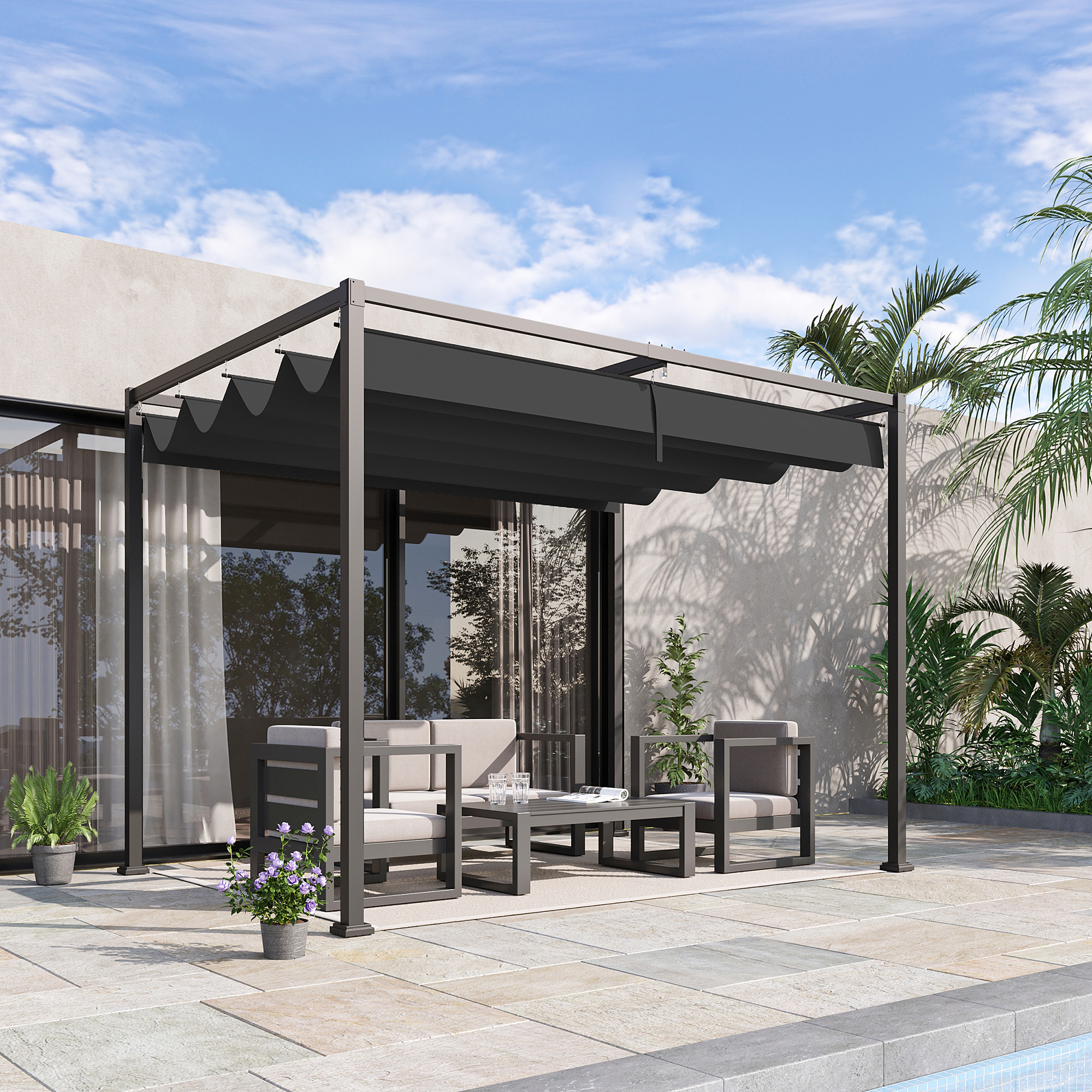 Outsunny Pergola Tuin 298x213x222 cm Polyester Zonnendak voor Tuin
