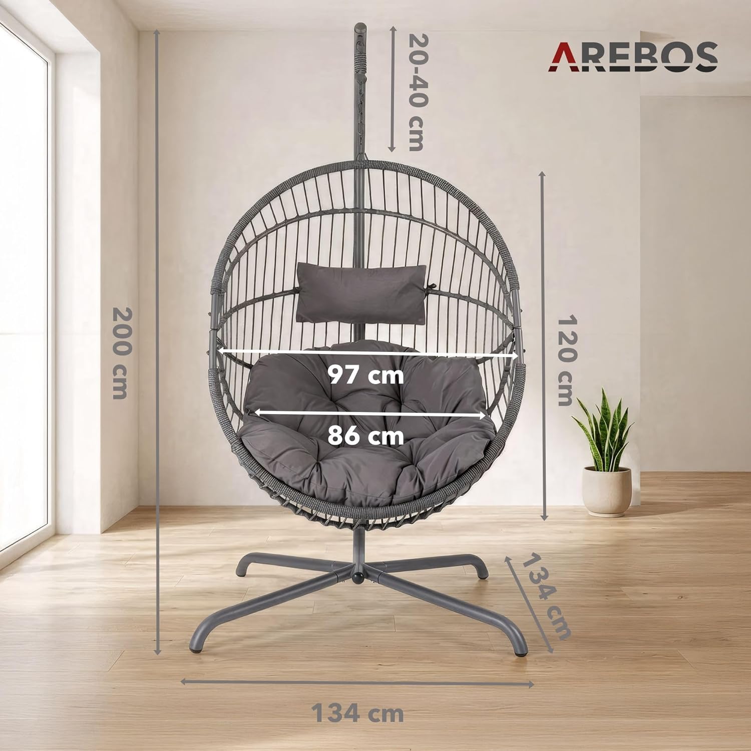 Arebos Poltrona Sospesa con Telaio | Poltrona a Uovo da Giardino e Balcone | Altezza Regolabile 160–180 cm | Telaio in Acciaio fino a 130 kg | con Cuscini Seduta e Schienale