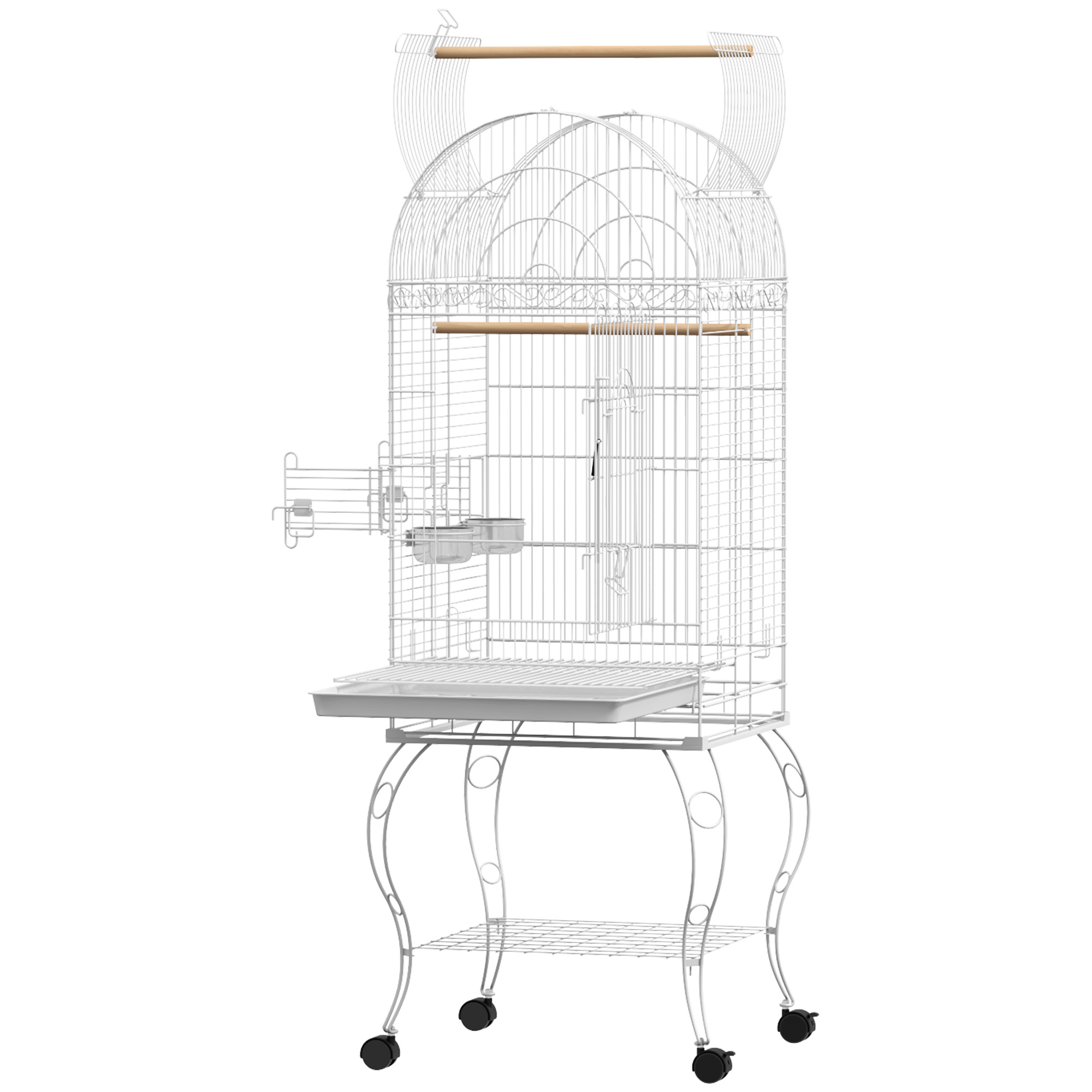 PawHut Vogelkäfig auf Rollen mit Regal herausnehmbarem Tablett 2 Näpfen Sitzstange Edelstahl 51 x 51 x 153 cm weiß