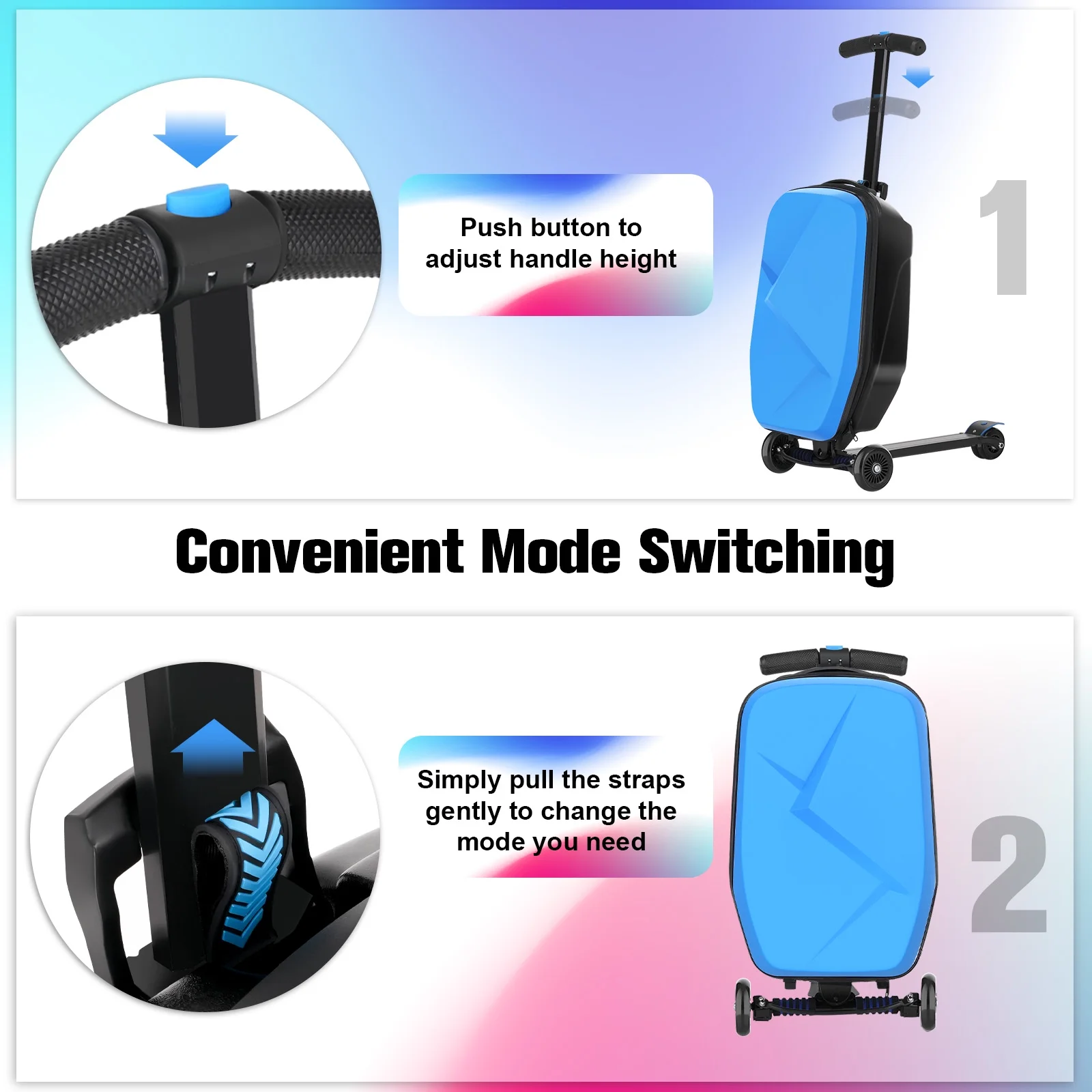 Advwin Scooter Luggage for Kids & Adults, Hardside Ride on Suitcase for Kids Ages 4-15 Multifunctional Lightweight Foldable Carry on Luggage with Wheels Ride on for Children Teenagers, Pink
