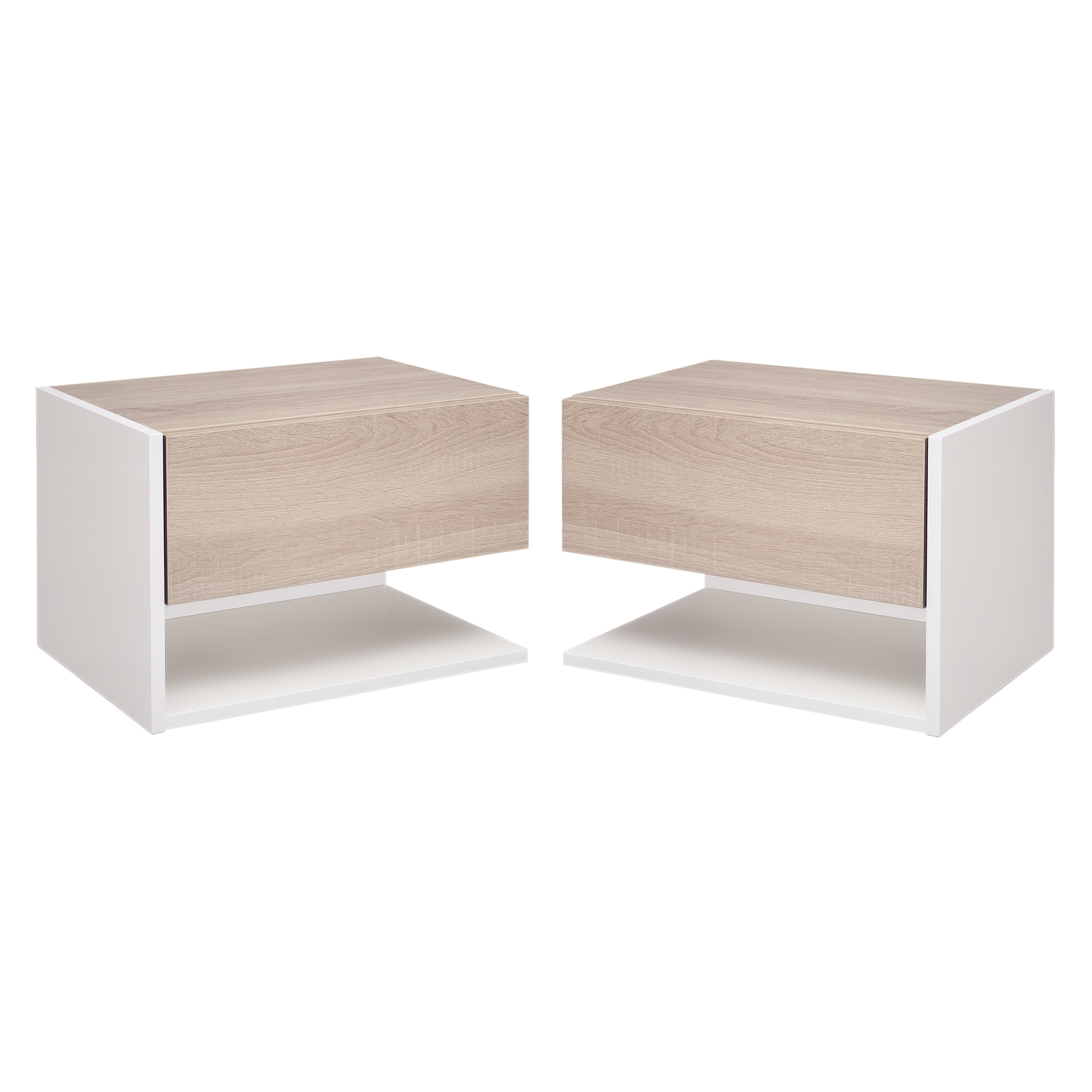 HOMCOM 2 tlg. Wandnachttische Nachttisch Wandschrank mit Schublade, Schlafzimmer Nachtkommode, Beistelltisch, Spanplatte, Eiche+Weiß, 46 x 30 x 30 cm