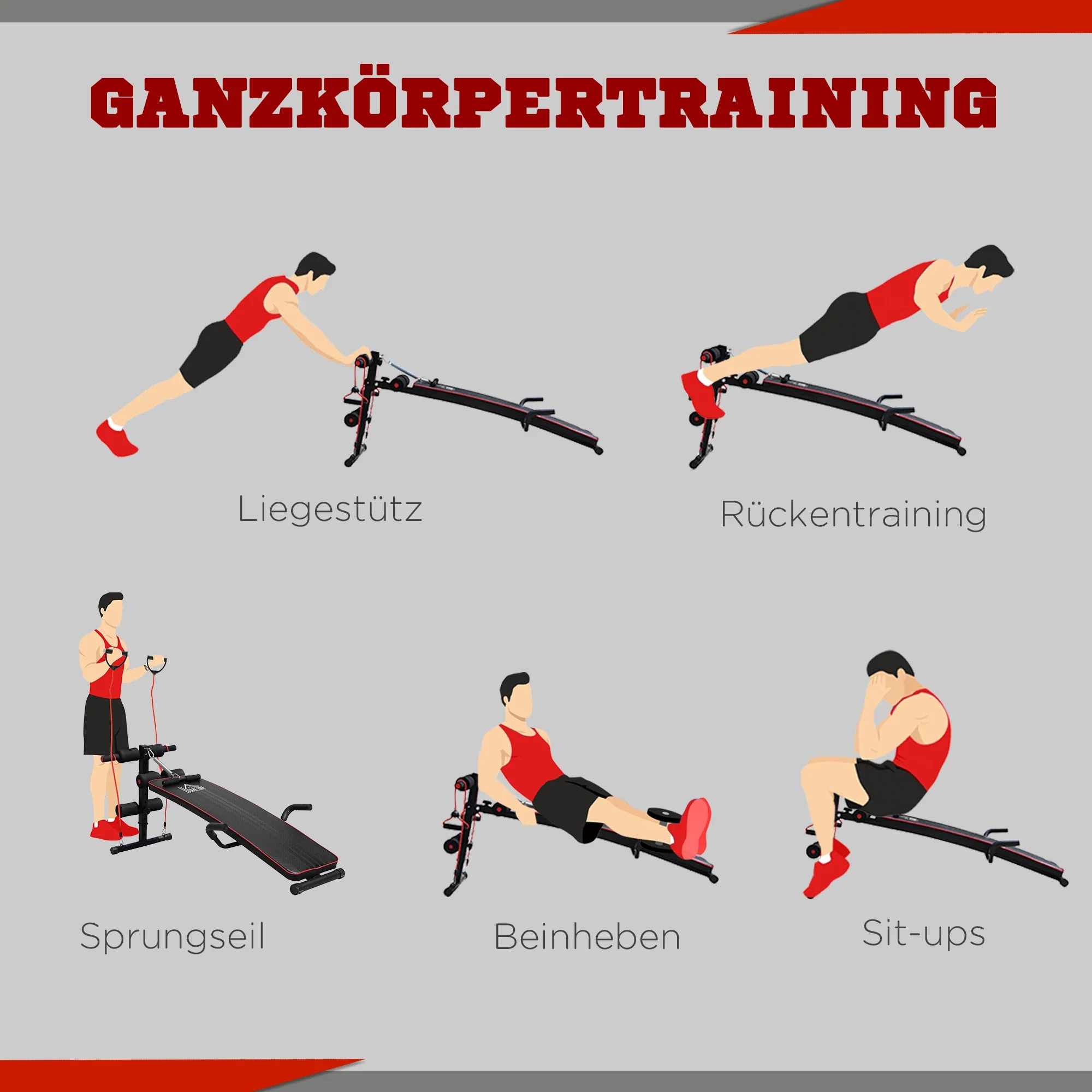 HOMCOM Sit-Up-Bank Trainingsbank mit Trainingsbändern verstellbar