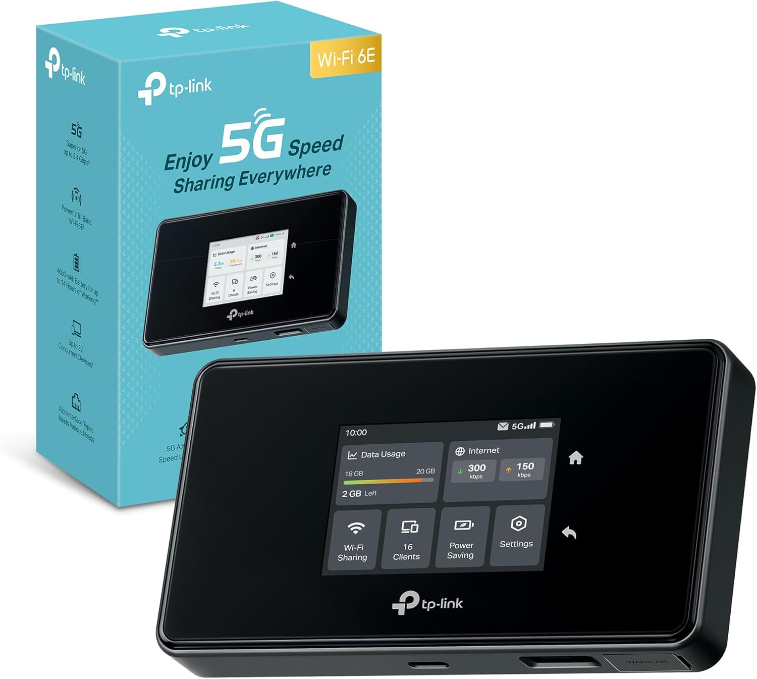 TP-Link M8550 Saponetta WiFi 5G, Router 5G, WiFi 6E AXE3600Mbps Tri-Band, DL 3400Mbps/UL 900Mbps, Batteria da 4700mAh, Porta WAN/LAN Gigabit, Touchscreen, Supporta fino a 32 Dispositivi, VPN Wireguard