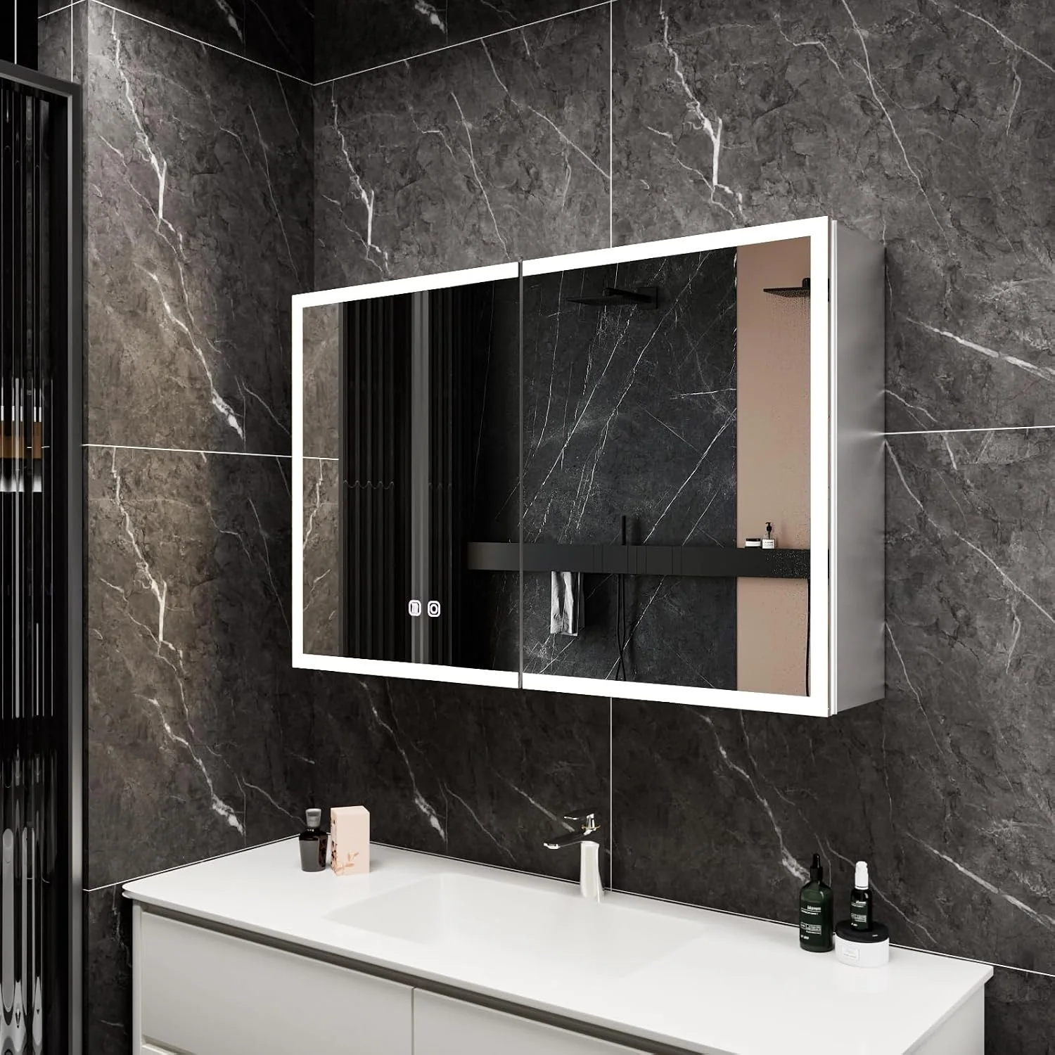 Gunuss Spiegelschränke, Weiß/Silber, Spiegelschrank Bad mit Beleuchtung 80x60, LED Badspiegel mit Ablage, Steckdose