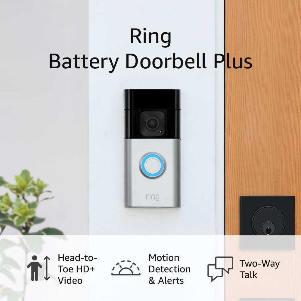 Ring Battery Doorbell Plus, 1536p HD  Video, Motion Detection, Two Way Talk, Alexa Compatible, Satin Nickel