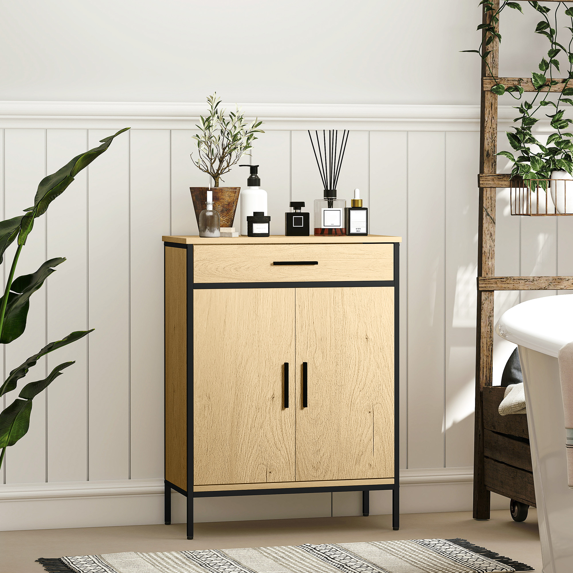 HOMCOM Badezimmerschrank mit Schublade, Zweitürenschränken, verstellbarem Regal und Soft-Close-Scharnieren, 60 x      30 x 80 cm, Eiche