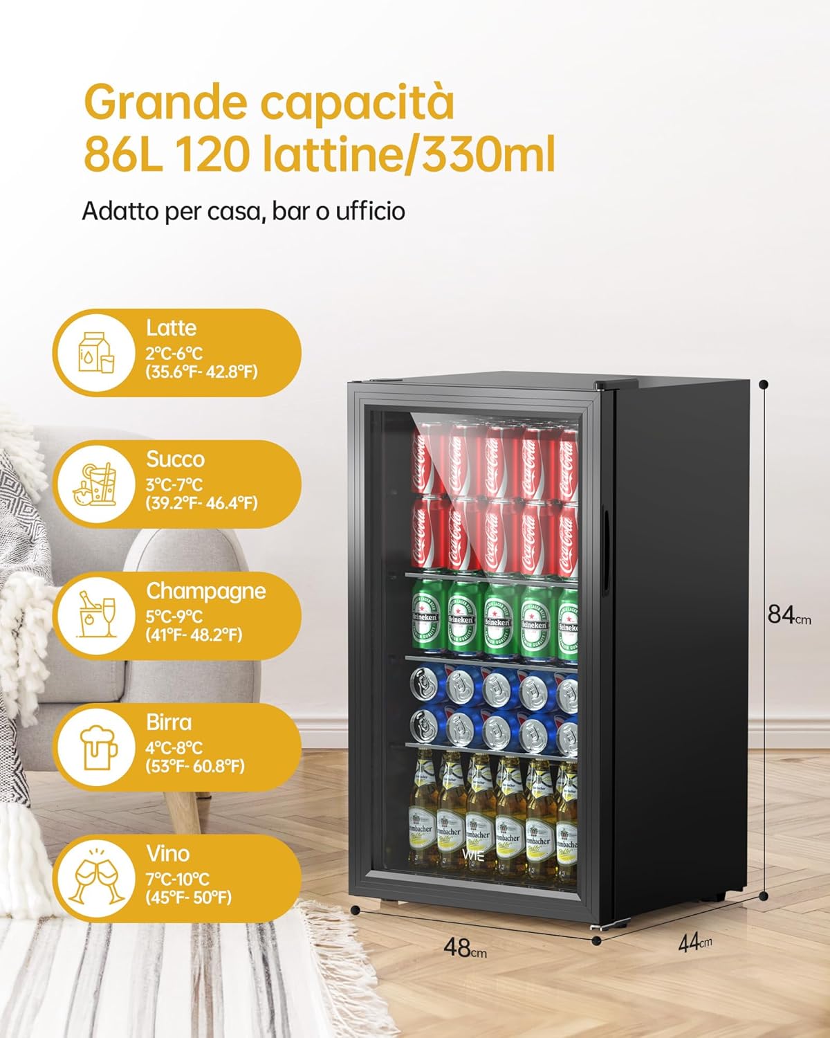 WIE Professional Mini Frigo per Bevande, Frigorifero per Bevande Con Porta in Vetro, 3 Ripiani Regolabili, Controllo Intelligente, Porta Reversibile, Perfetto per Casa/Bar/Ufficio/Hotel (Nero 86L)