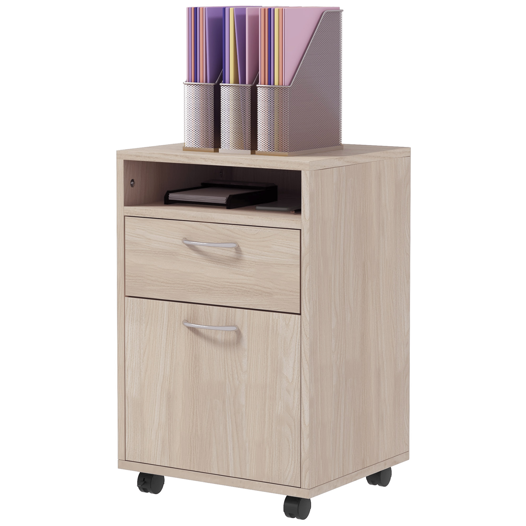 HOMCOM Rollbarer Schubladenschrank mit Schublade, Schrank und Fach für Dokumente und hängende Dateien, 40 x 35 x 60 cm Eiche