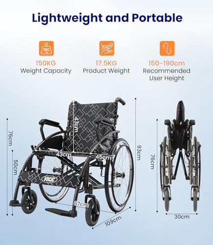 VOCIC U31 Sedia a Rotelle pieghevole leggera 150KG,Carrozzina per disabili in alluminio,Doppio Freno sedia a rotelle per anziani,Pneumatico Solido 60CM per tutti i terreni,Garanzia di 5 anni|Grigio : Amazon.it: Salute e cura della persona