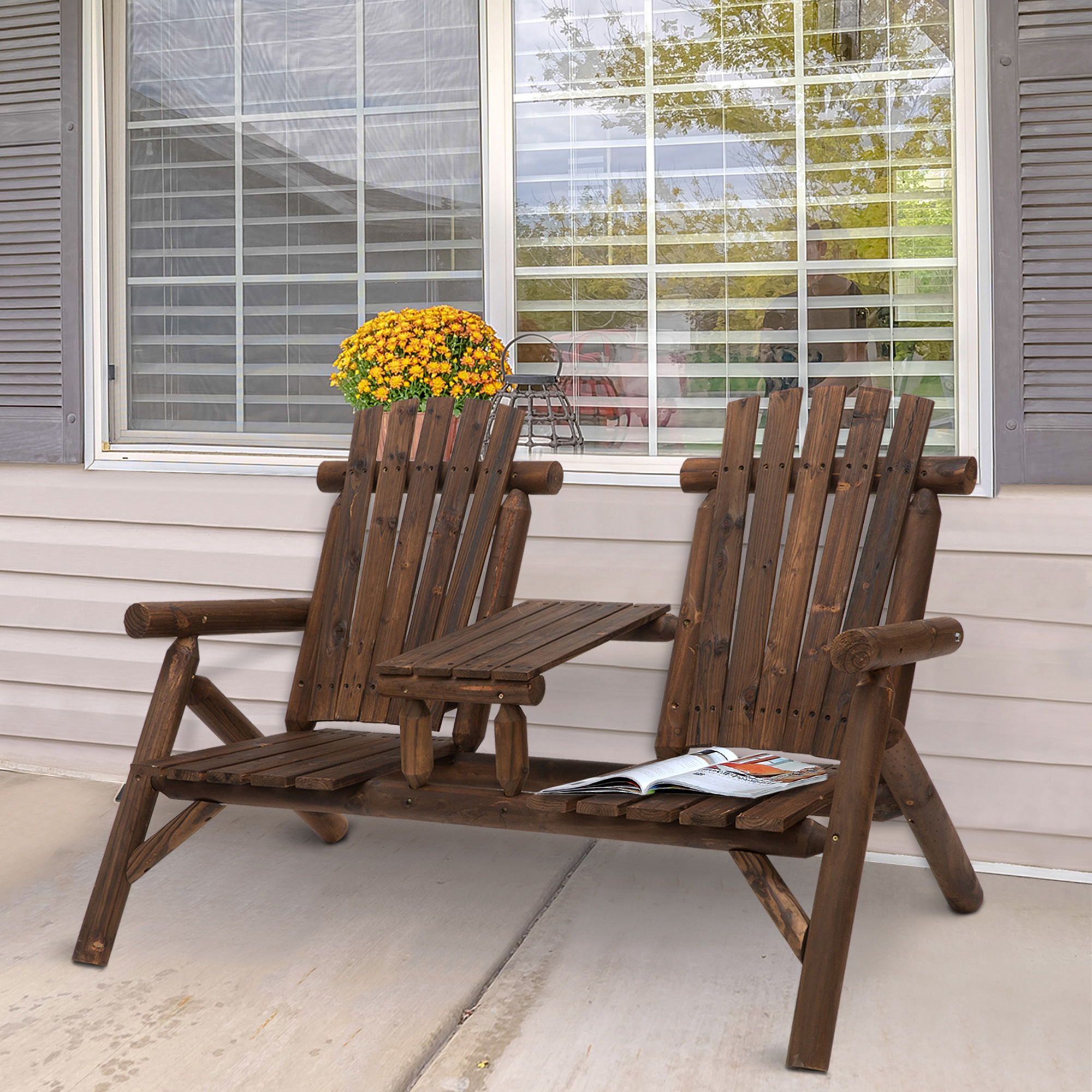 Outsunny Gartenbank mit Tisch, Gartenmöbel, Sitzbank, 2 Stühle, Massivholz, Braun, 157 x 88 x 103 cm