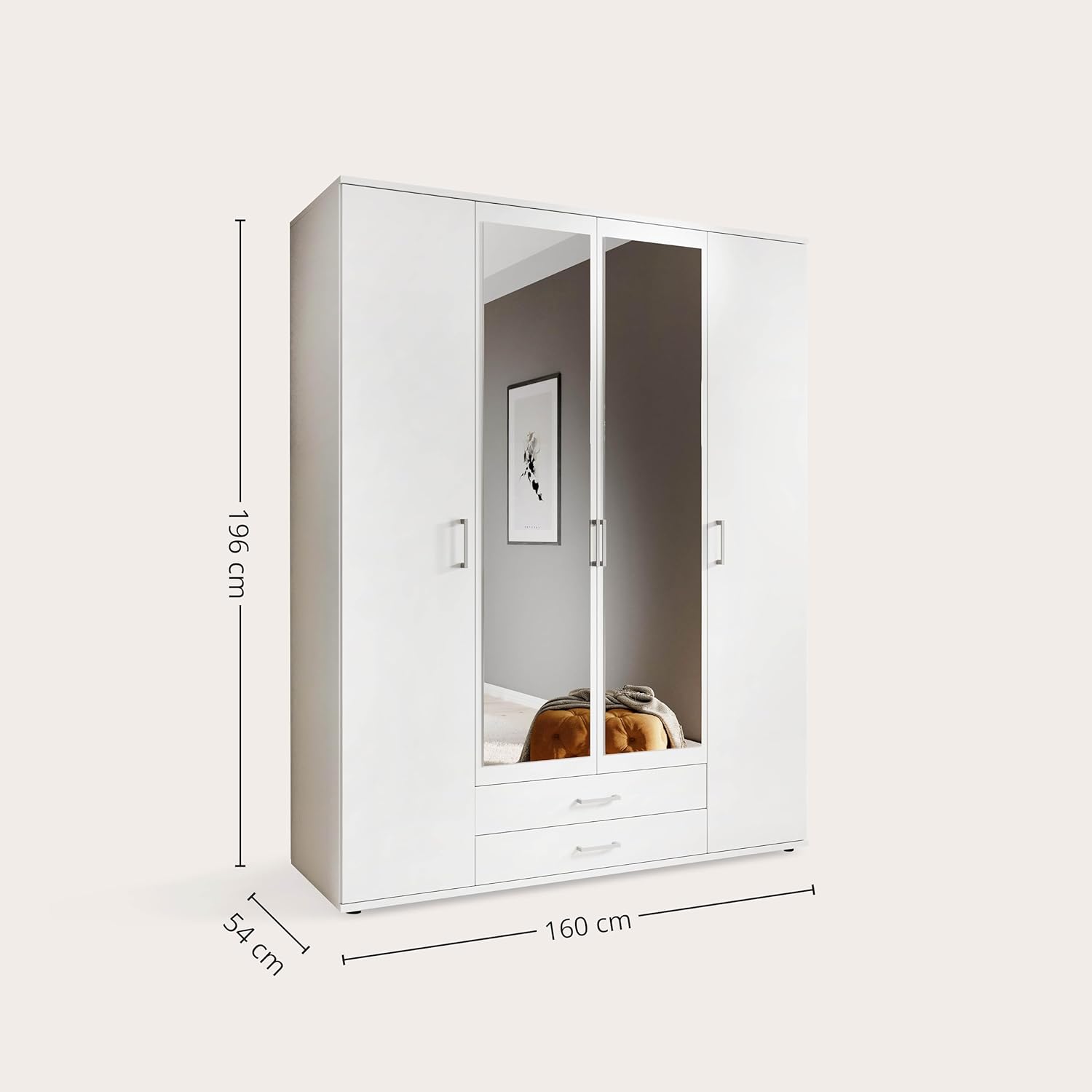 KARL Elegant 4 Door Wardrobe with Large Capacity, Versatile with Hinged Doors, White with Mirrored Doors, 160 x 196 x 54 cm, W x H x D
