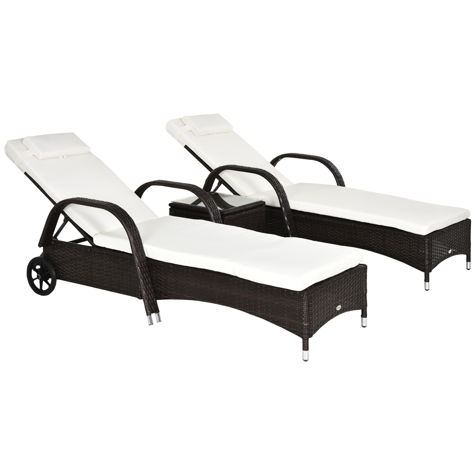 Outsunny 3er-Sonnenliegen-Set, 2x Gartenliege mit Beistelltisch, inkl. Liegeauflagen, Polyrattan, Braun+Cremeweiß