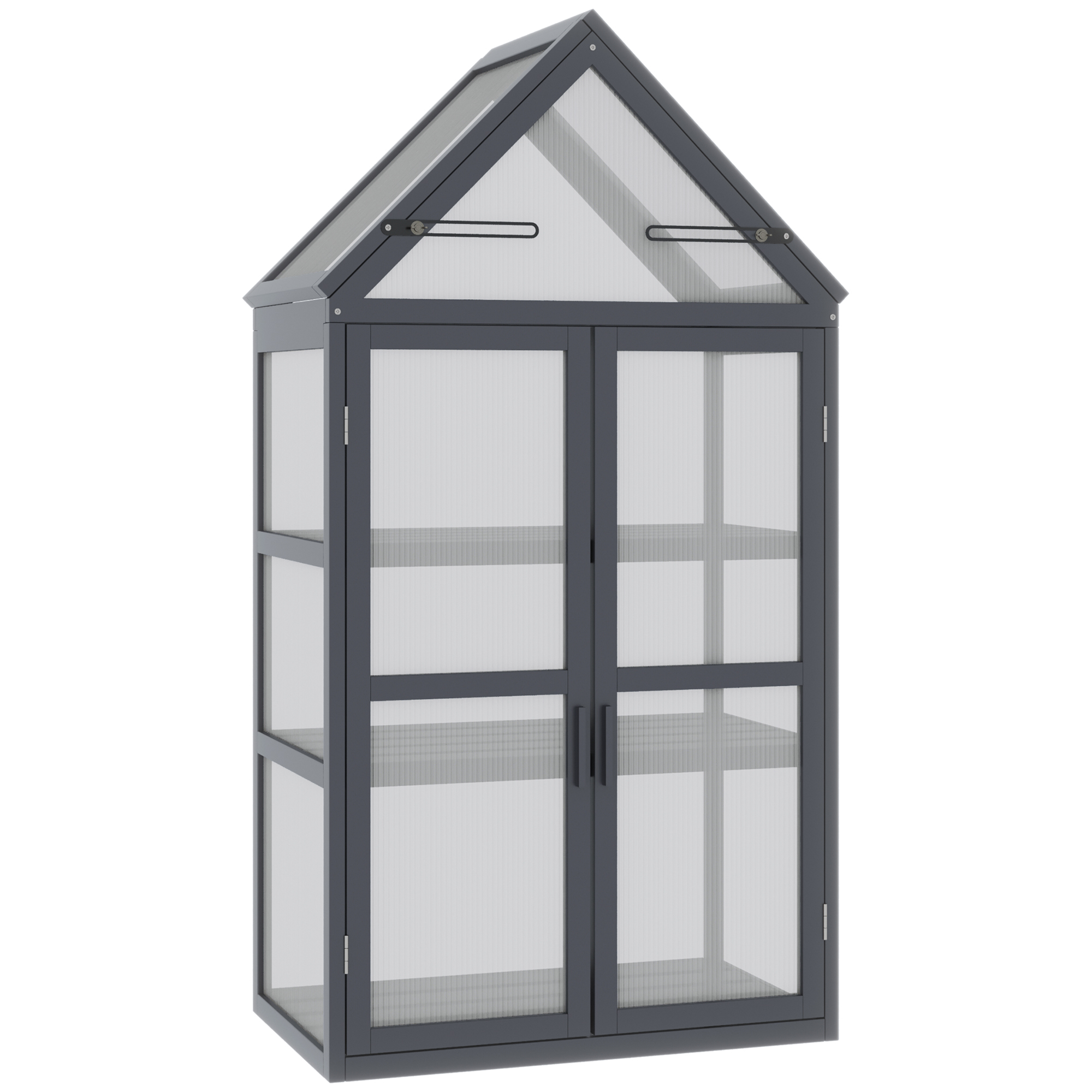 Outsunny Frühbeet Mini Gewächshaus 3 Ebenen Treibhaus Pflanzenbeet mit aufklappbarem Dach Doppeltüren aus Holz Polycarbonat wetterfest Natur 70,5 x 42 x 132 cm