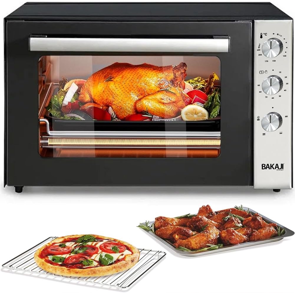 Bakaji Forno Fornetto Elettrico Ventilato Capacità 70 litri Potenza 2500W Temperatura Regolabile fino 250° 2 Ventilazioni Elenti Riscaldanti Acciaio Luce Interna Funzione Timer (70 Litri)