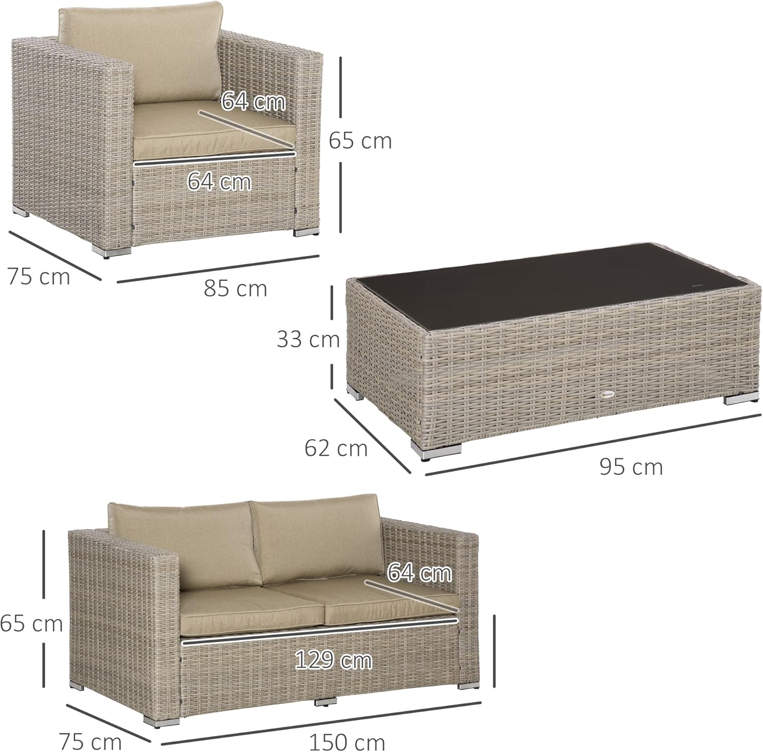 Outsunny 4-Piece PE Rattan Garden Furniture Set, Outdoor Living Room with 1 Sofa, 2 Armchairs, 1 Table and Removable and Washable Cushions, Khaki and Beige