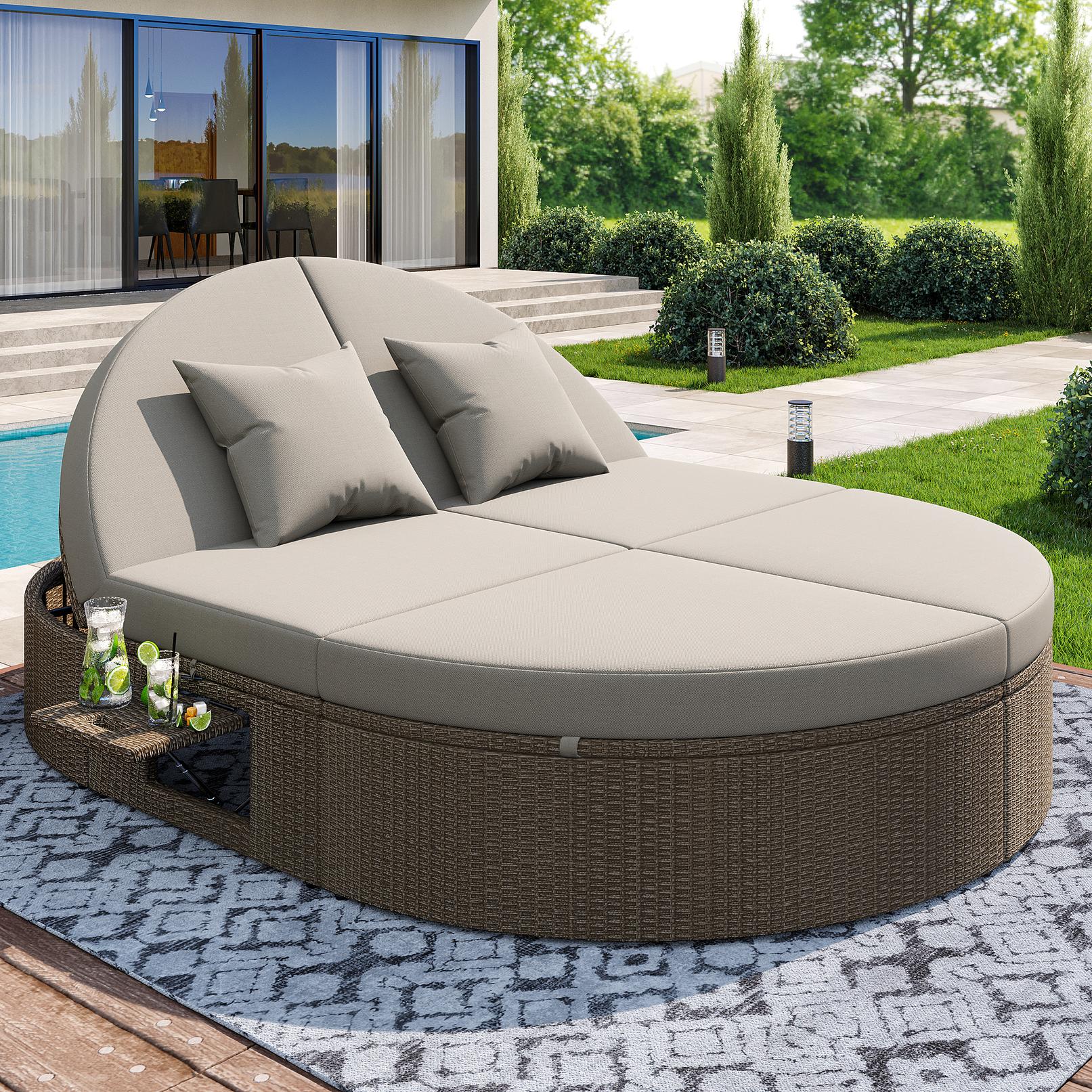 Rattan Doppel-Liege für 2 Personen, Outdoor Tagesbett mit verstellbarer Rückenlehne und seitlichem Regal, 199,9 x 140,5 x 41,9 cm, Grau