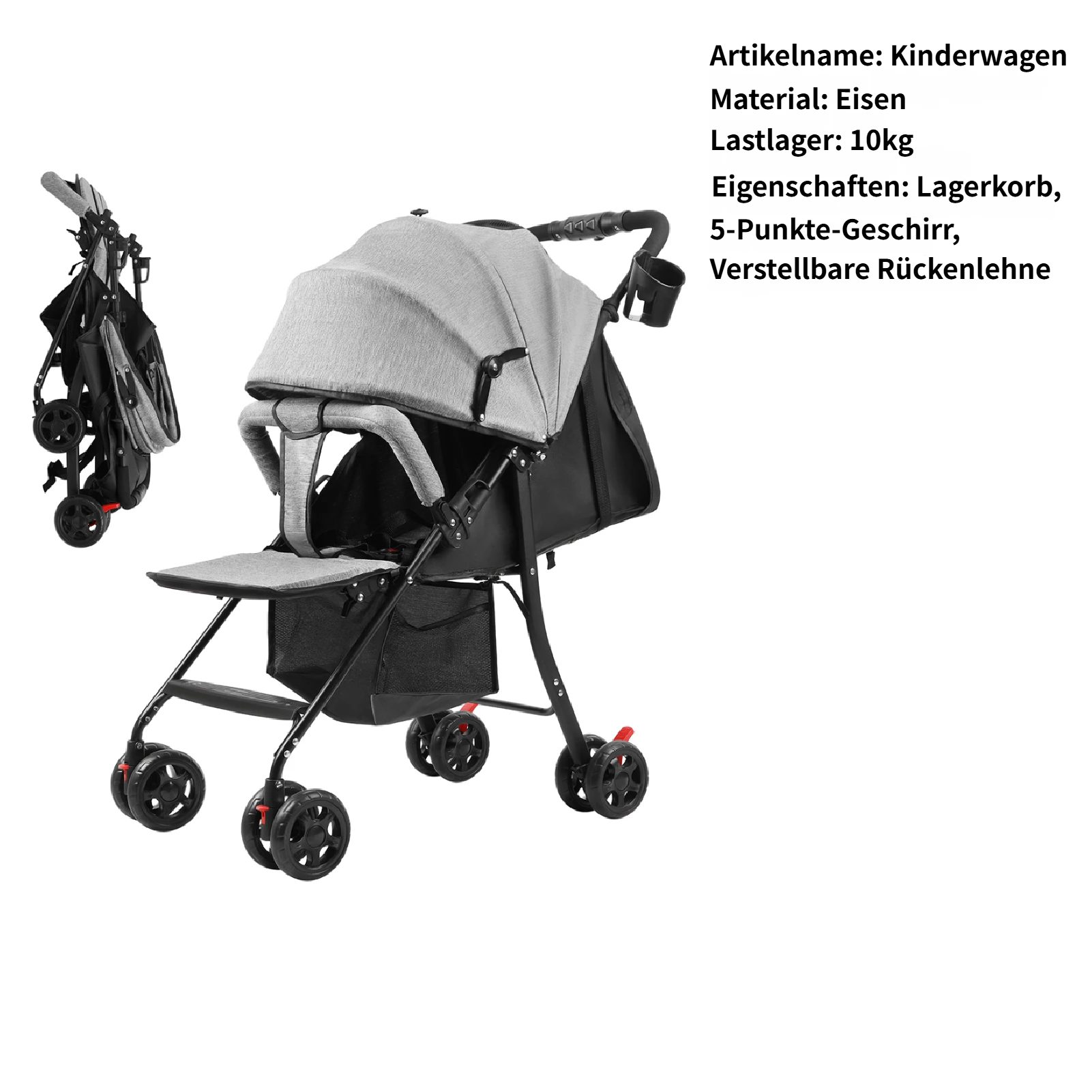 Kinder-Buggy Baby Kinderwagen bis 10 Kg, 0-2 Jahre, Zusammenklappbar, Grau