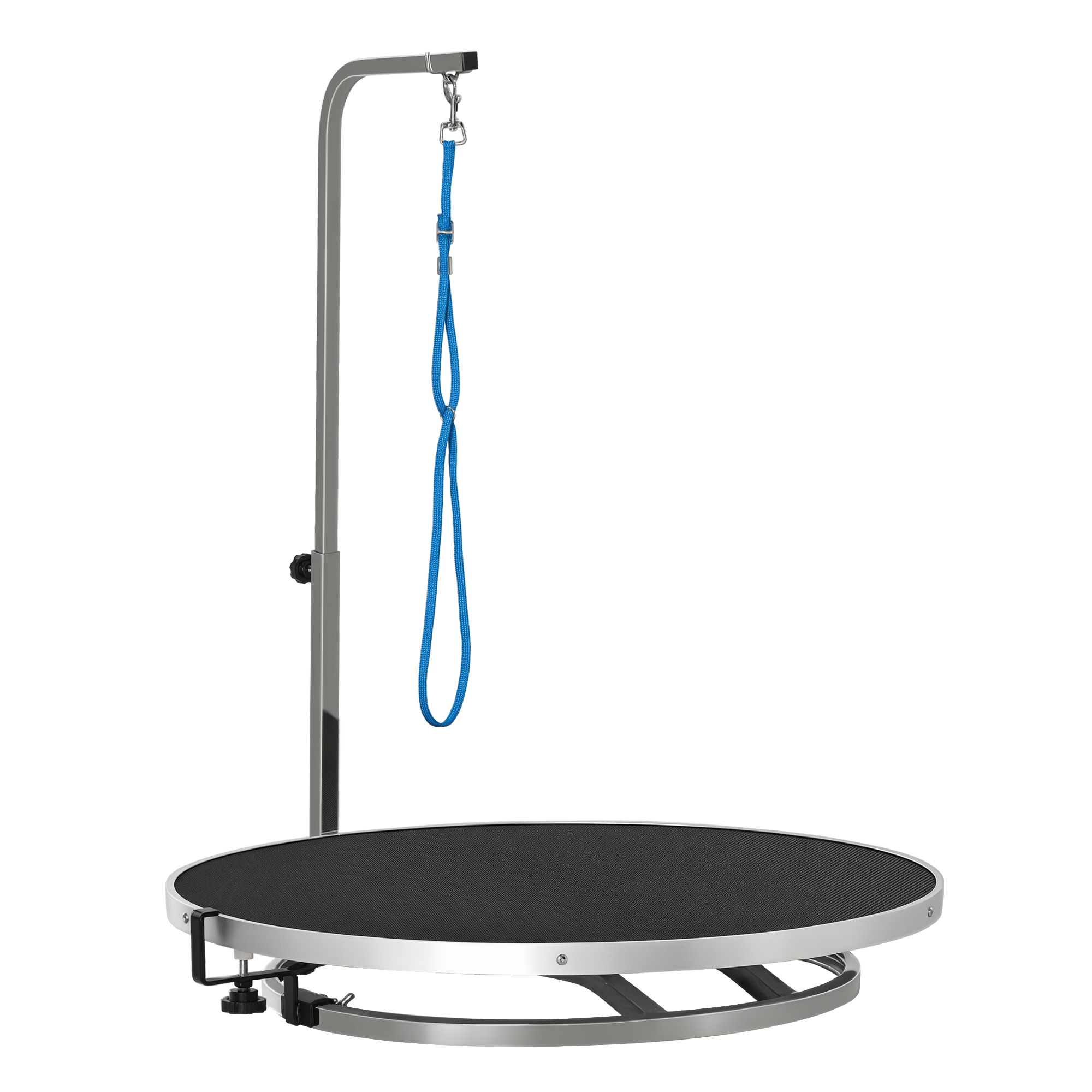 PawHut Hund Trimmtisch Tierpflegetisch drehbar trocknen Tabelle mit verstellbaren Arm rutschfeste Tischplatte Verriegelungssystem Aluminium-Legierung Rand Edelstahl Rahmen Sicherheit Leine Ø65x H10
