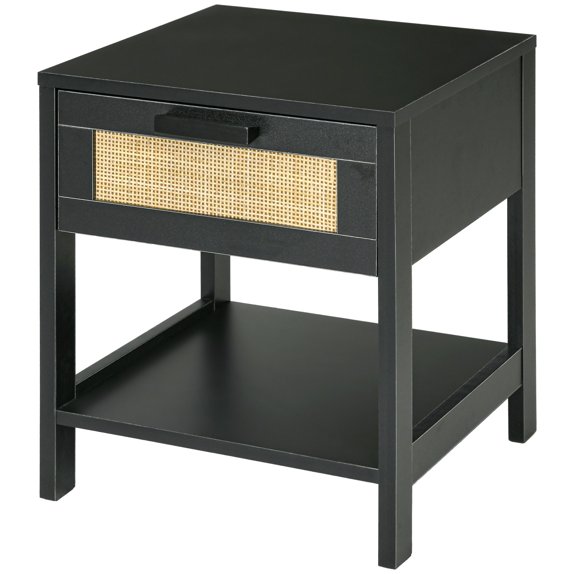HOMCOM Nachttisch Beistelltisch mit Schublade und Regal, Rattanfront, Maße 40L x 40B x 48H cm Schwarz