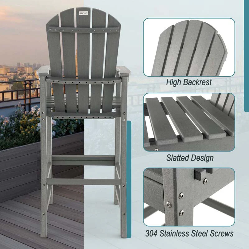 Eletriclife 30 Inches Counter Height Outdoor HDPE Bar Stool with Armrests and Footrest Gray