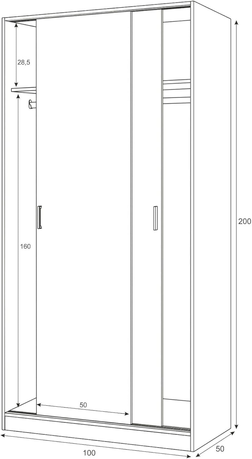 Dmora - Lansing 2 Door Wardrobe, Bedroom Wardrobe, Cabinet with Shelf and Clothes Rail, 100 x 50 x 200 cm, White