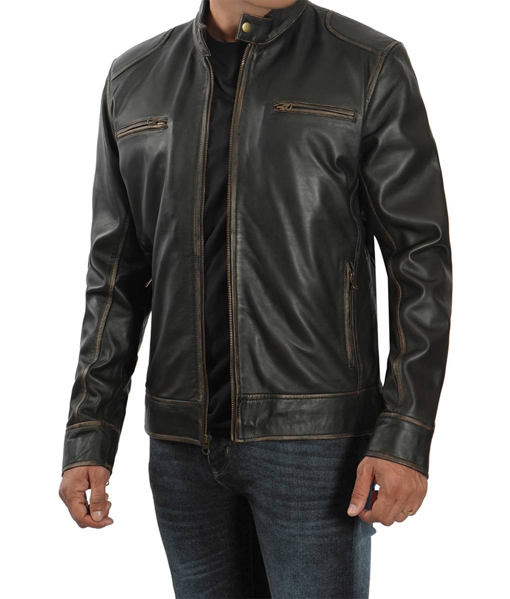 Mens Brown Distressed Cafe Racer Leather Jacket