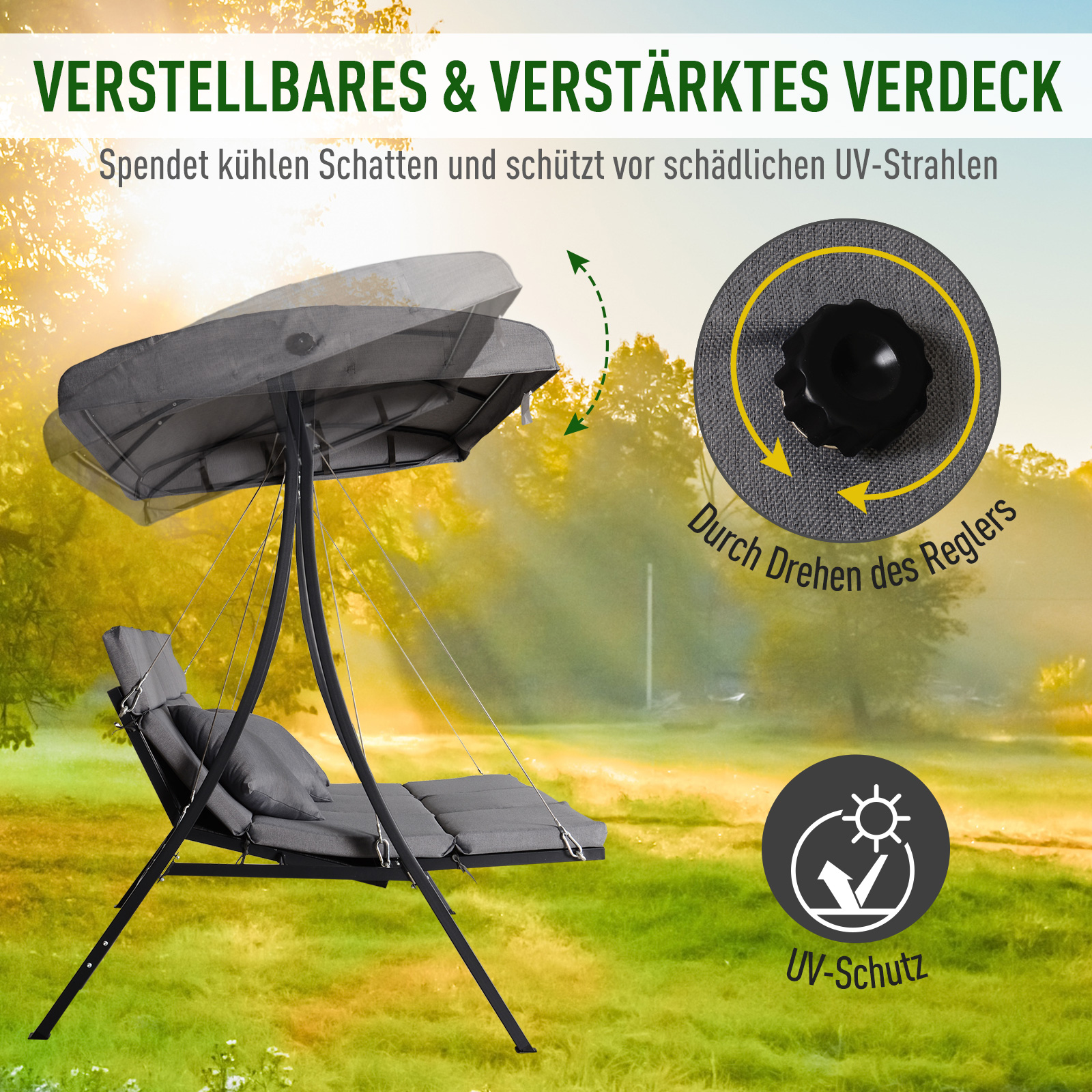 Hollywoodschommel 3-zitter tuinschommel verstelbaar dak Textileen grijs