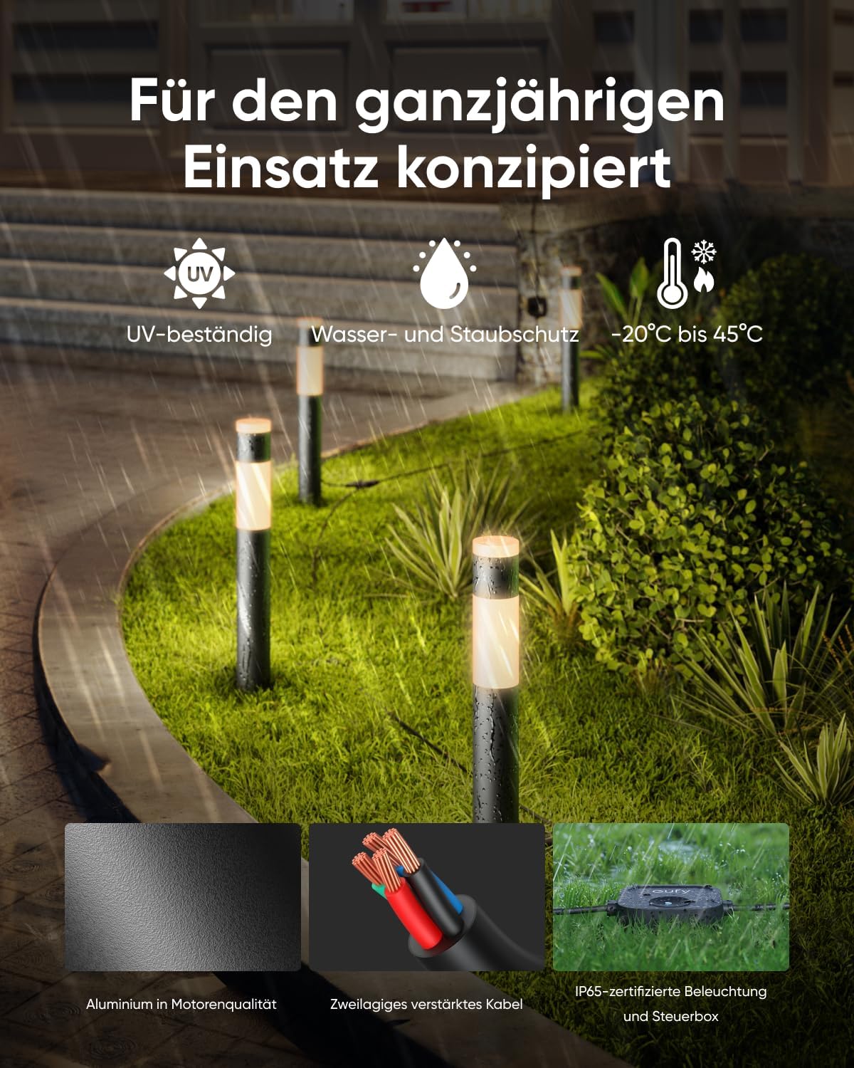 eufy Außen-Wegeleuchten E10, 4er-Pack, Smarte Verkabelte RGBWW LED Leuchten, IP65 wasserdich für Garten & Terrasse, Steuerbar mit Alexa & App, Endlose KI-Lichtthemen für Feste, Kamera-Integration
