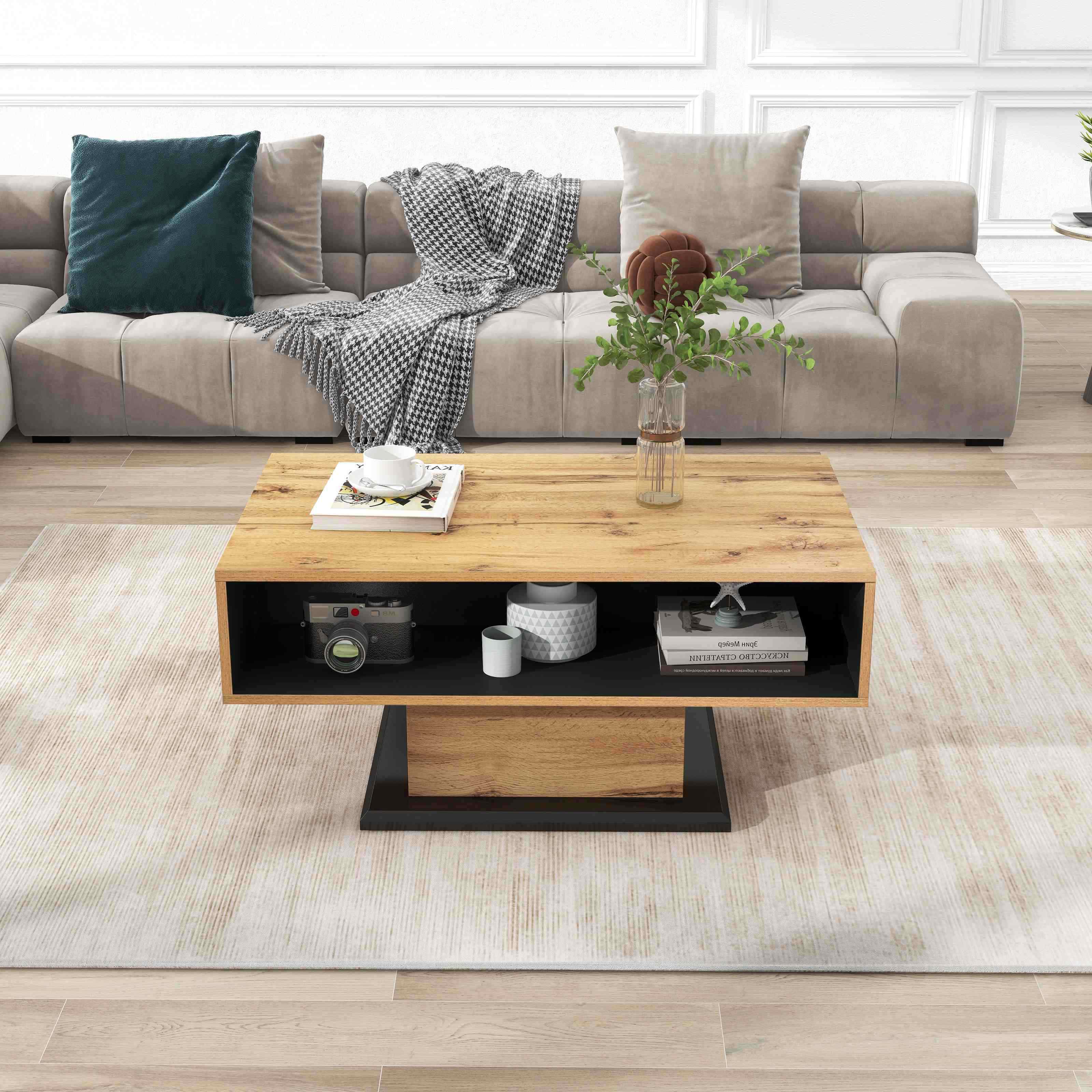 Couchtisch aus Holzmaserung mit griffloser Schublade, doppelseitigem Stauraum und offenem Bodenfach für Wohnzimmer und Büro, Eiche + Anthrazit