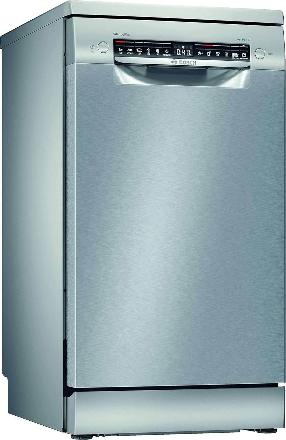 Bosch SPS4HMI61E Serie 4 Freistehender Geschirrspüler / E / 45 cm / Edelstahl / 76 kWh/100 Zyklen / 10 MGD / SuperSilence / Extra Trocknen / VarioSchublade / Home Connect