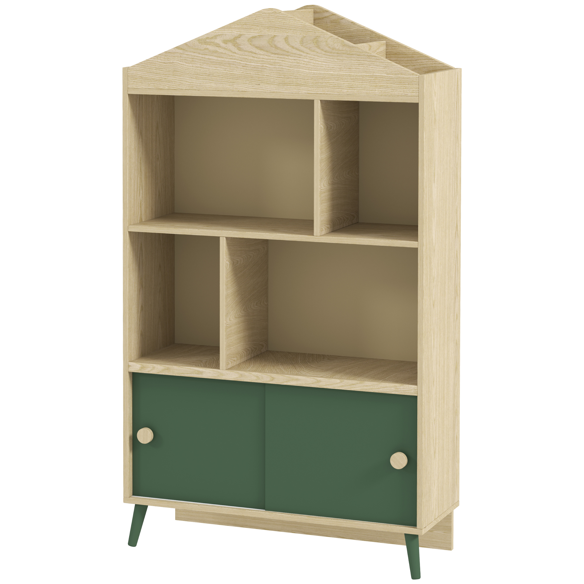 AIYAPLAY Kinderbibliothek und Aufbewahrungsmöbel für Spielzeug, 4 Regale und Schrank mit Schiebetür, Design, grün