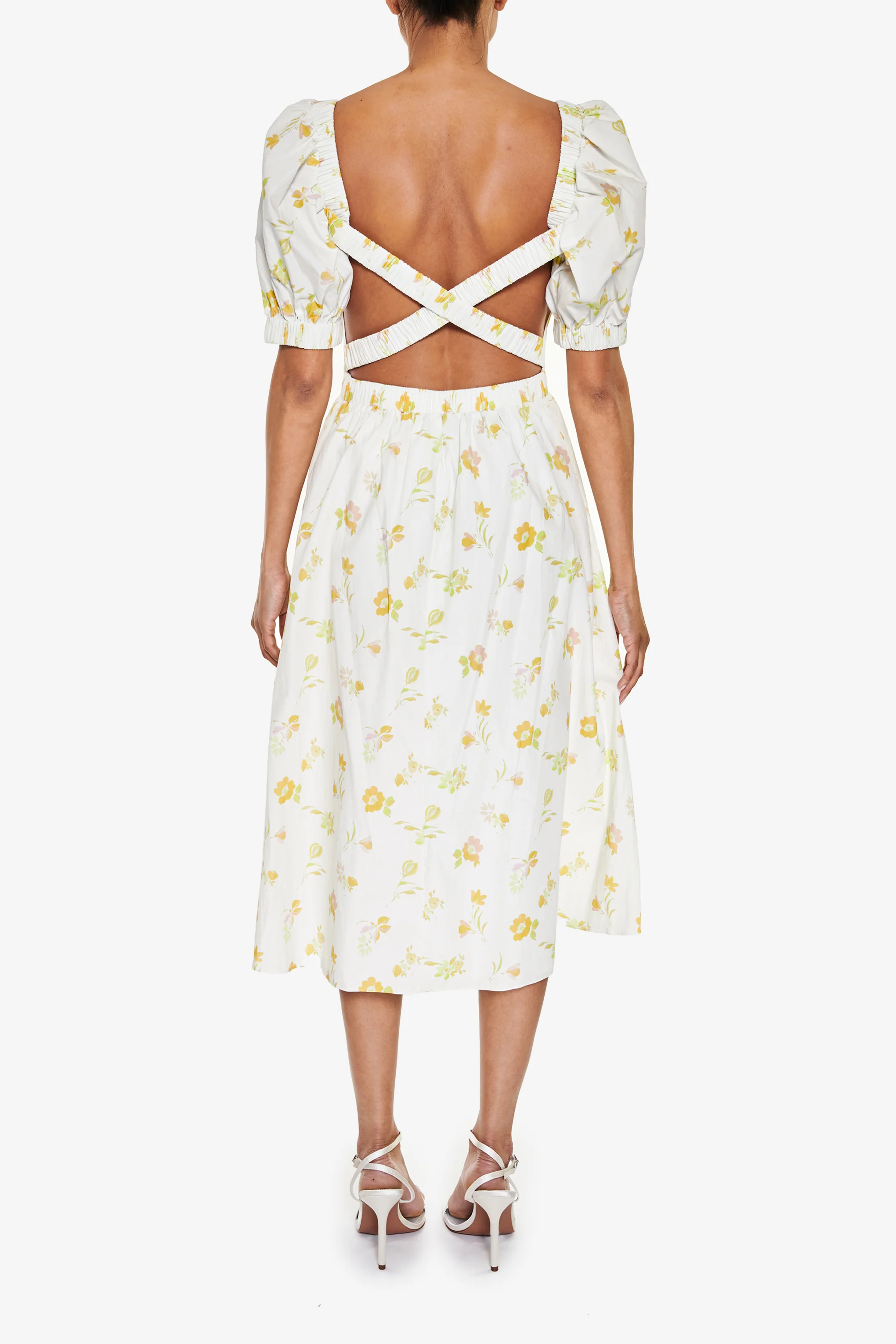 Stella Cream-Yellow-Floral Open Cross-Back Puff-Sleeve Midi-Dress