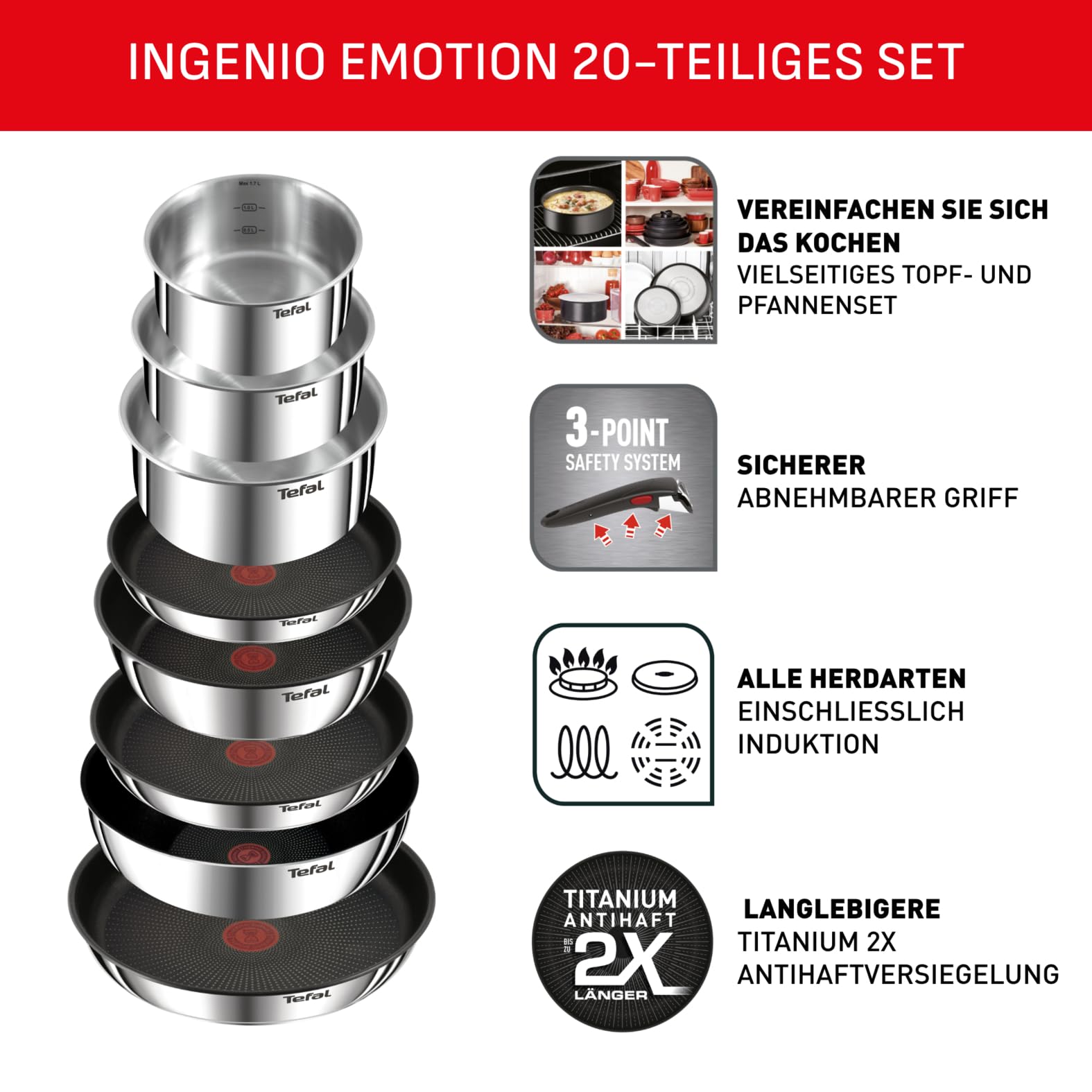Tefal Ingenio Emotion 20 Teile Topf und Pfannenset mit abnehmbarem Griff platzsparend und vielseitig