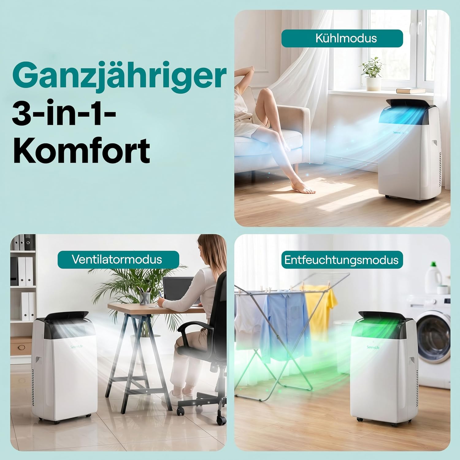 SereneLife Mobile Klimaanlage 12000 BTU, WLAN, 3 in 1 Kühlen Entfeuchten und Ventilieren, Klimagerät mit Abluftschlauch Fensterkit, 3.52kW- Für Räume bis 40 m², Leiser Betrieb, Rollen und Timer