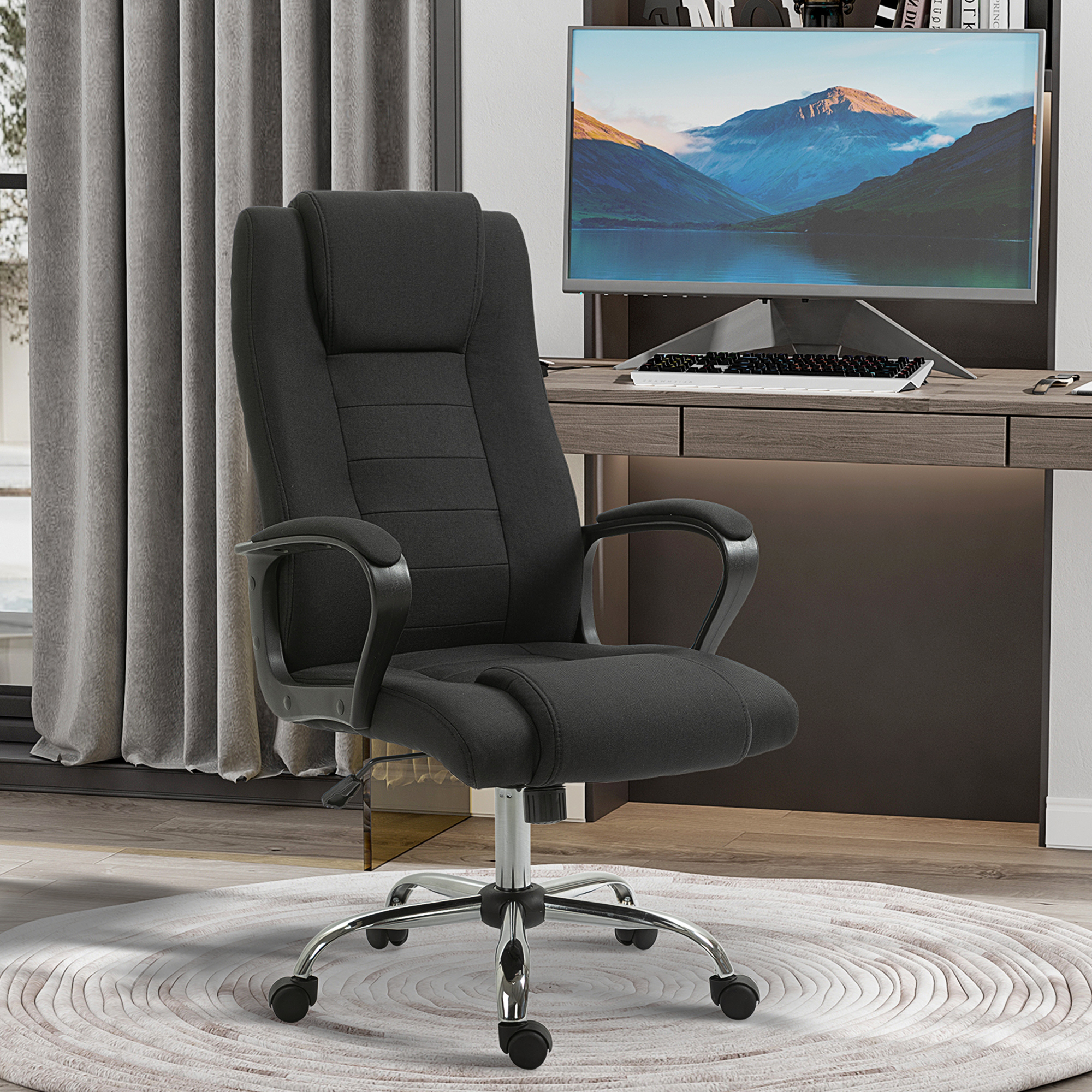 Vinsetto Bürostuhl Computerstuhl mit Wippenfunktion Kopfstütze ergonomischer Schreibtischstuhl drehbar höhenverstellbar Leinen-Touch Schwarz 62 x 76 x 110-119 cm