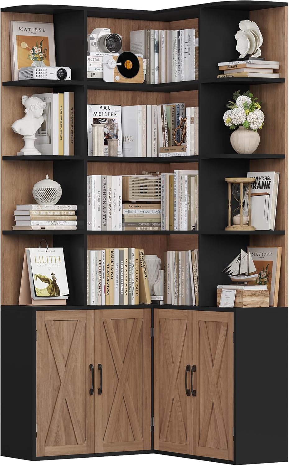 FirFurd 187.3 cm Libreria, Libreria Angolare con 12 Scomparti Aperti, Scaffale Salvaspazio con 4 Ante, Scaffale Angolare, Vetrina Espositiva, per Soggiorno, Studio, 80x80x187.3cm (Nero+Rovere)