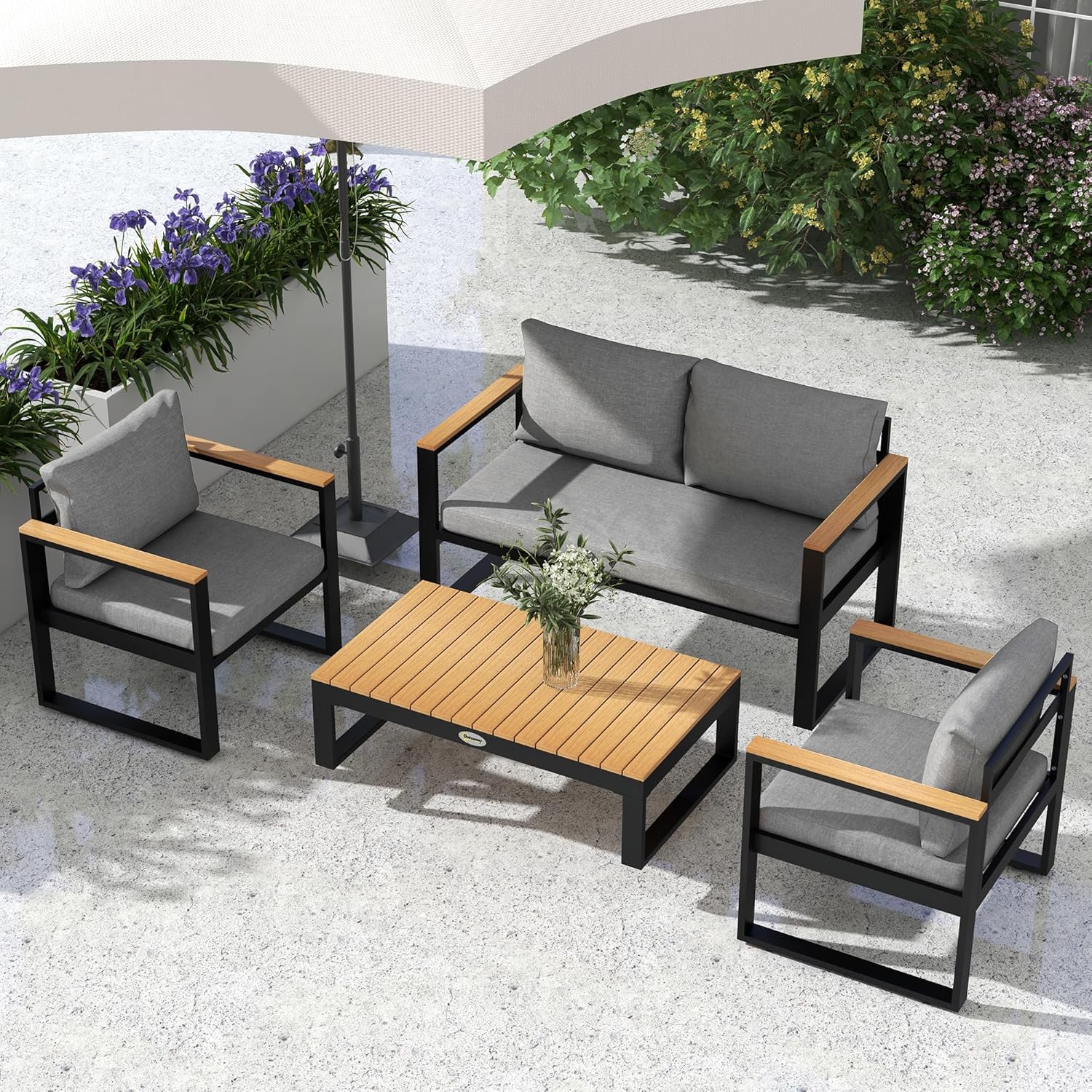 Outsunny 4-Piece Garden Living Room with Outdoor Sofa, 2 Armchairs and Coffee Table, Outdoor Set in Aluminium and Wood Effect Slats, Grey