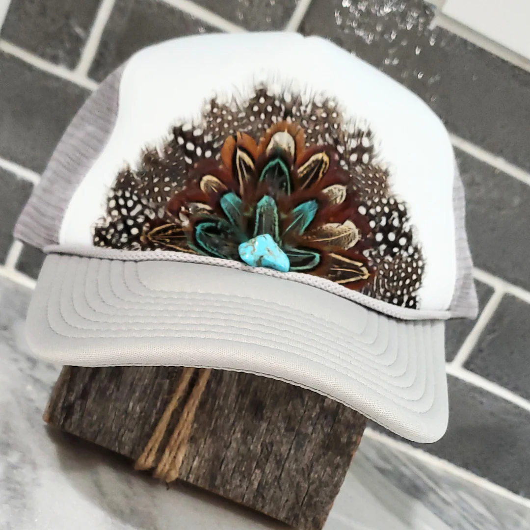 Western Feather Crown Trucker Hat: Grey