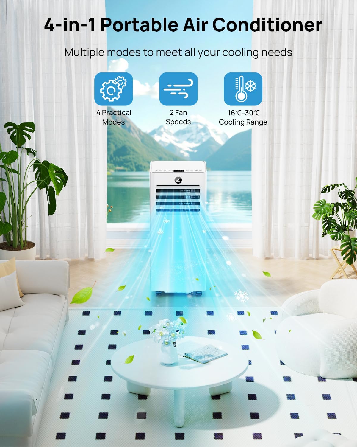 Klimaanlage Mobil 7000 BTU, Mobiles Klimagerät mit Abluftschlauch, Kühl-/Ventilations-/ Entfeuchtungs-/Schlafmodus 4-in-1, Digitalanzeige & Fernbedienung, 24H Timer, 360° Rollen, Inklusive Fensterset