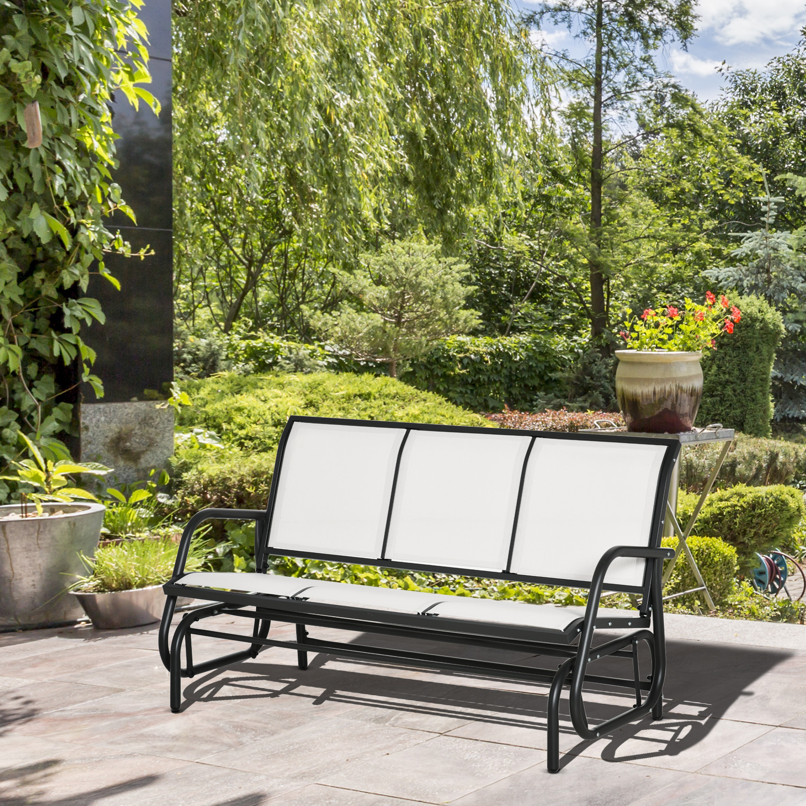 Outsunny Garten-Schaukelbank für 3 Personen aus Metall und atmungsaktivem Netzstoff, 147x75x85cm, Beige