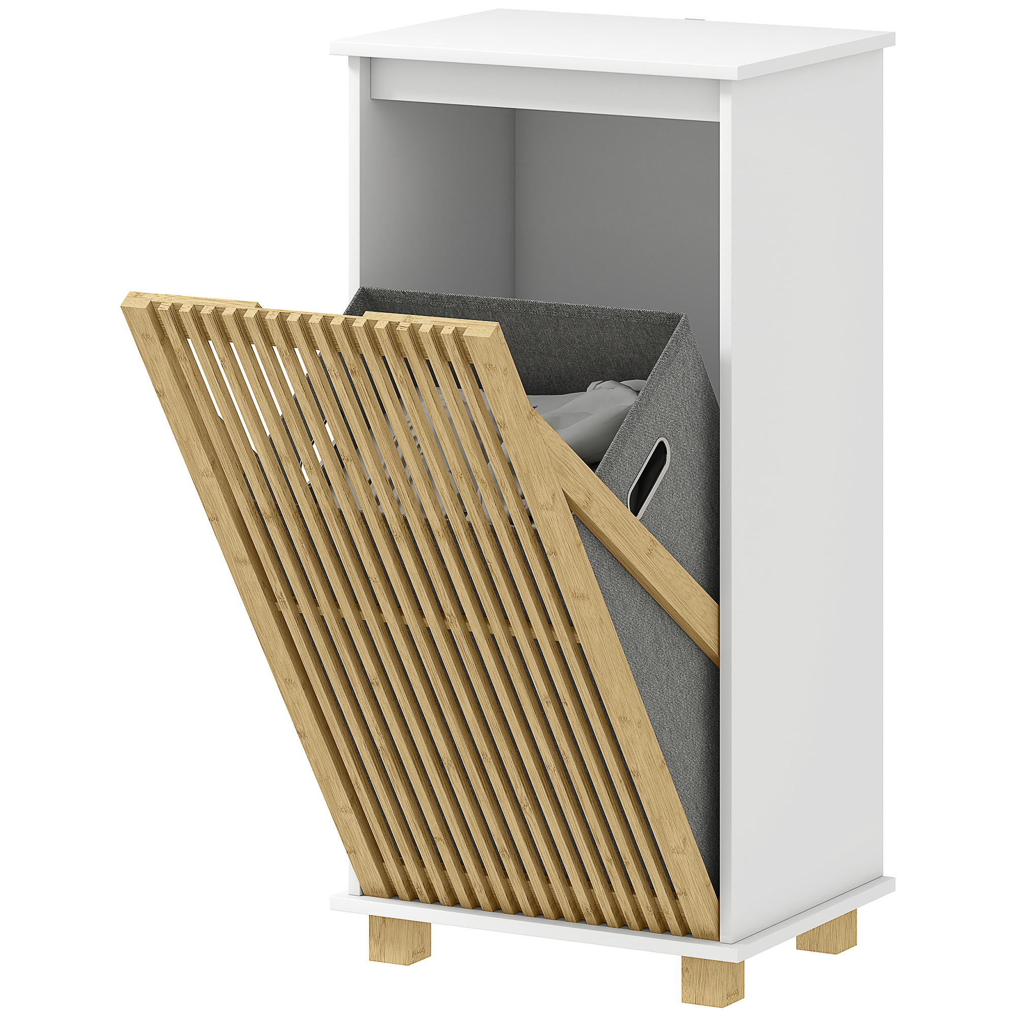 HOMCOM Badezimmerschrank mit Wäschekorb, lamellenförmige Bambustür und abnehmbarem Beutel, weiß und Naturholzeffekt