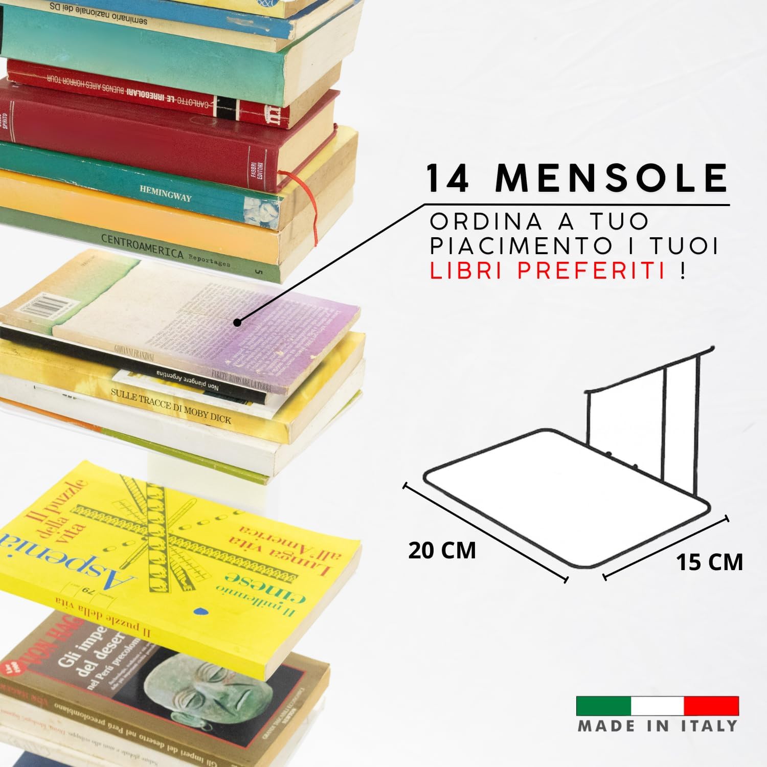 MOHOME Libreria Verticale a Colonna da Terra Sospesa Bianca Premium Quality Made in Italy 14 Ripiani Mensola 20 x 15 cm Stretta e Alta 214 cm Finitura Metallo Biblioteca Salvaspazio Soggiorno Cucina