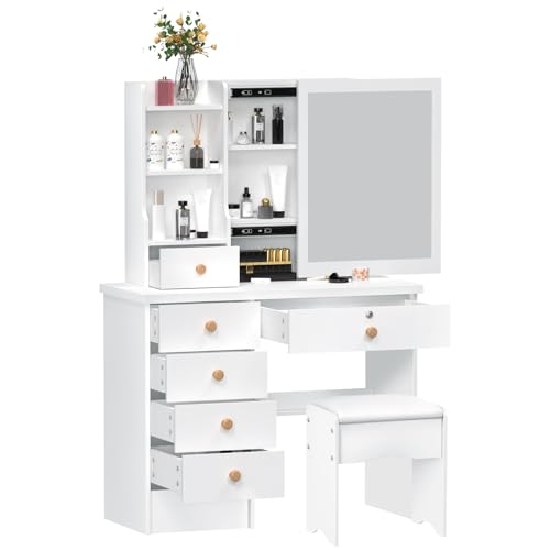 Tavolo da trucco bianco con specchio, 6 cassetti e ripiani aperti, elegante tavolo da toeletta in legno per camera da letto : Amazon.it: Casa e cucina