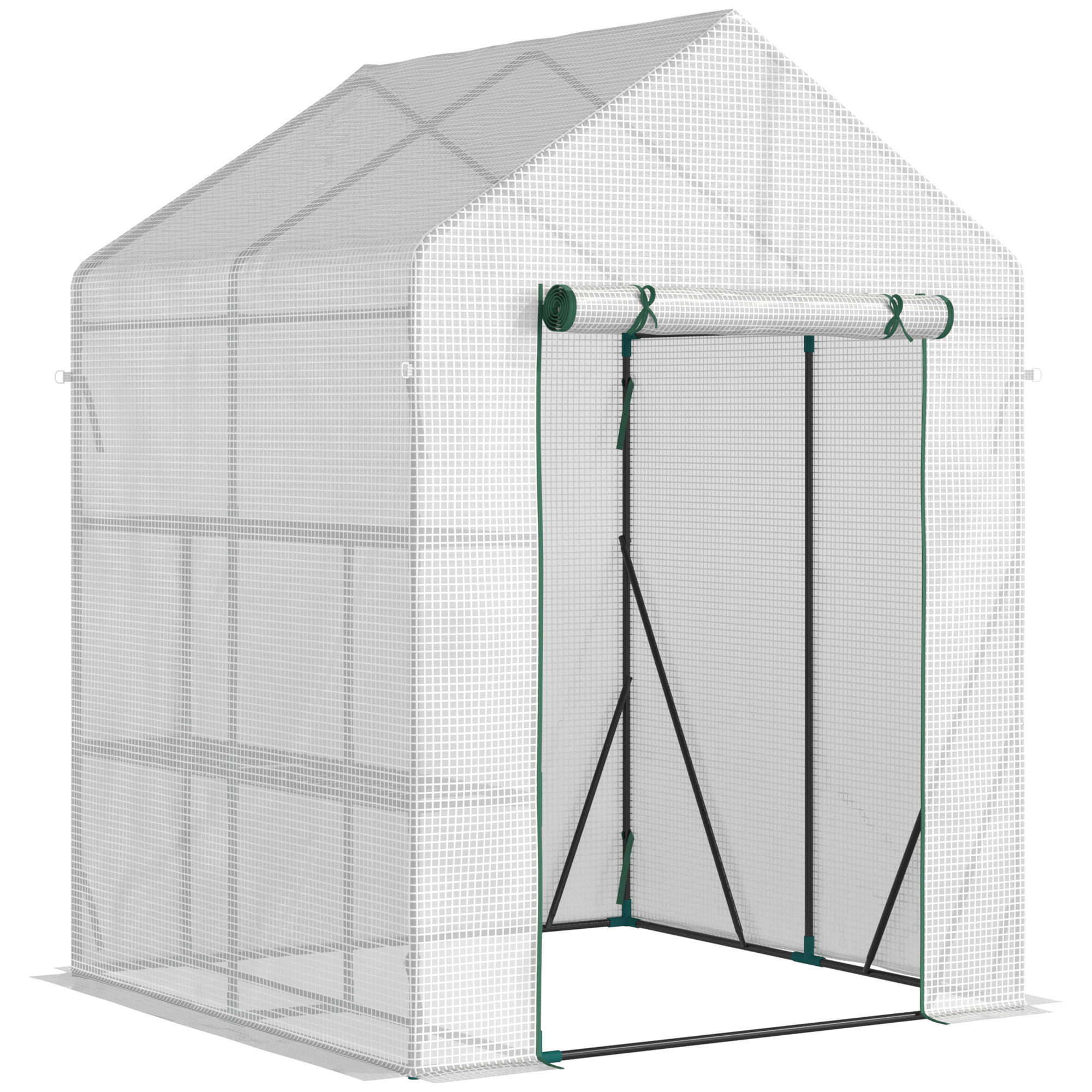 Outsunny Foliengewächshaus begehbares Gewächshaus mit 4 Regalebenen Tomatengewächshaus Treibhaus Frühbeet mit Reißverschlusstüren Weiß Stahl PE-Kunststoff 143 x 143 x 195 cm