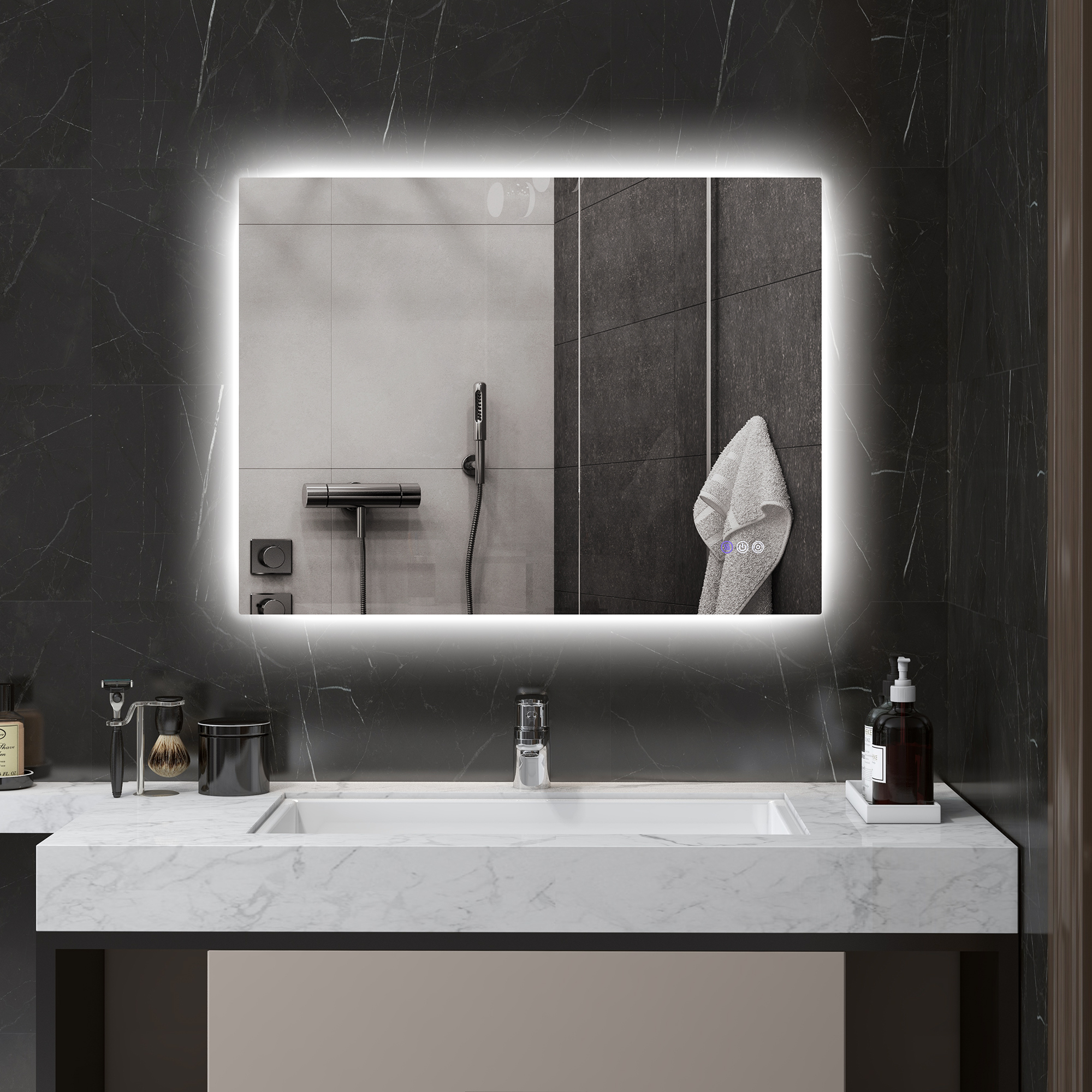 HOMCOM Badezimmerspiegel mit einstellbarer Helligkeit und Farbe, aus Glas und Aluminiumlegierung, 80x60x4 cm